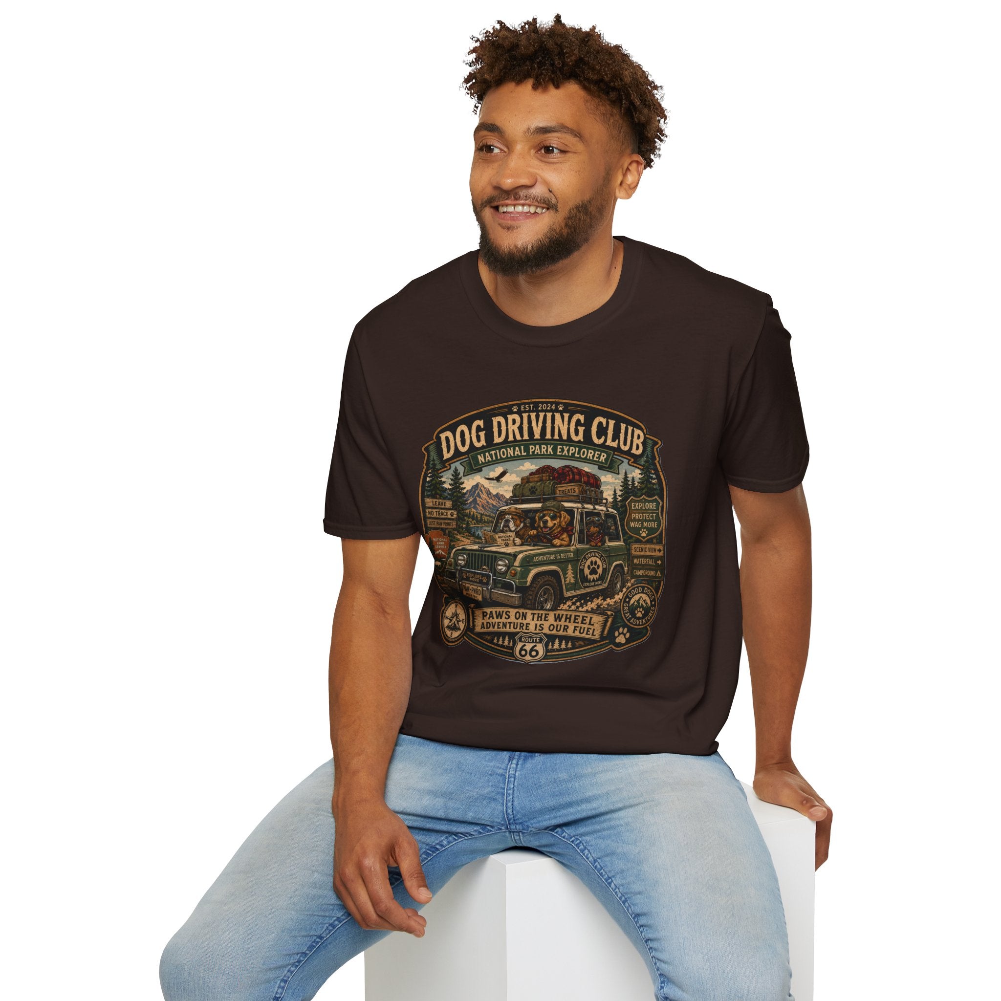 Dog Driving Club T‑Shirt — National Park Explorer Retro Pet Road Trip Tee