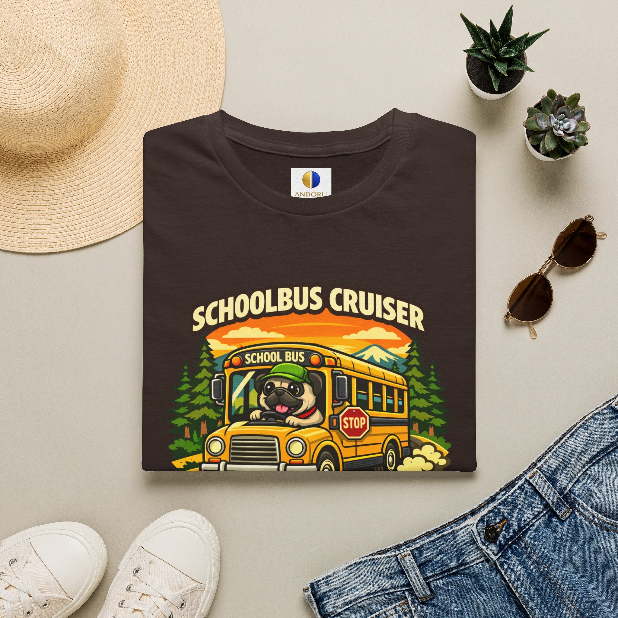 Schoolbus Cruiser T-Shirt — "Pugs On Board" Cute Dog Bus Graphic Tee