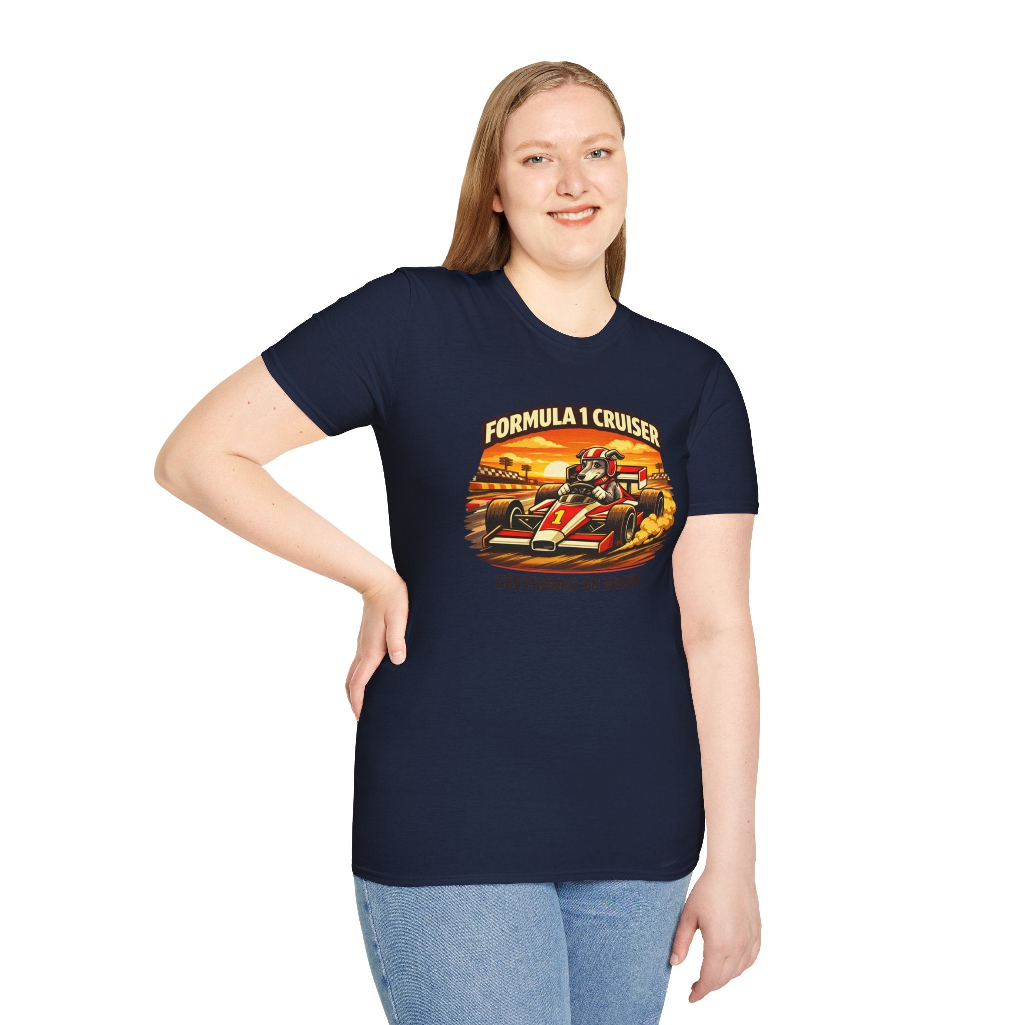 Formula 1 Cruiser T-Shirt — Vintage Racecar Graphic ("Greyhound On Board")