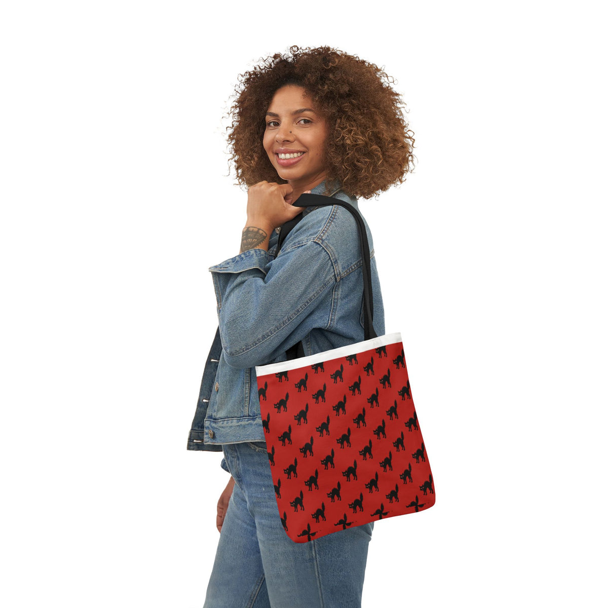 Halloween Spooky Black Cat Red Pattern Canvas Tote Bag