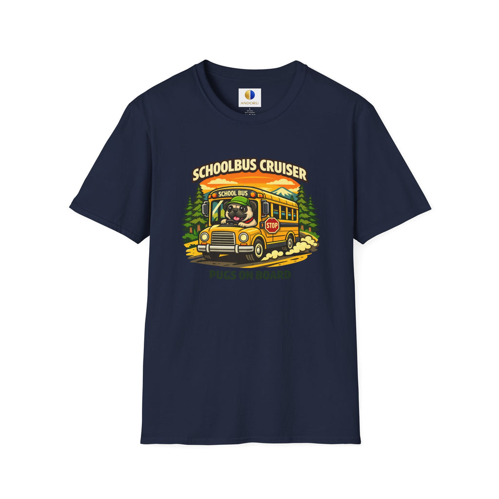 Schoolbus Cruiser T-Shirt — "Pugs On Board" Cute Dog Bus Graphic Tee
