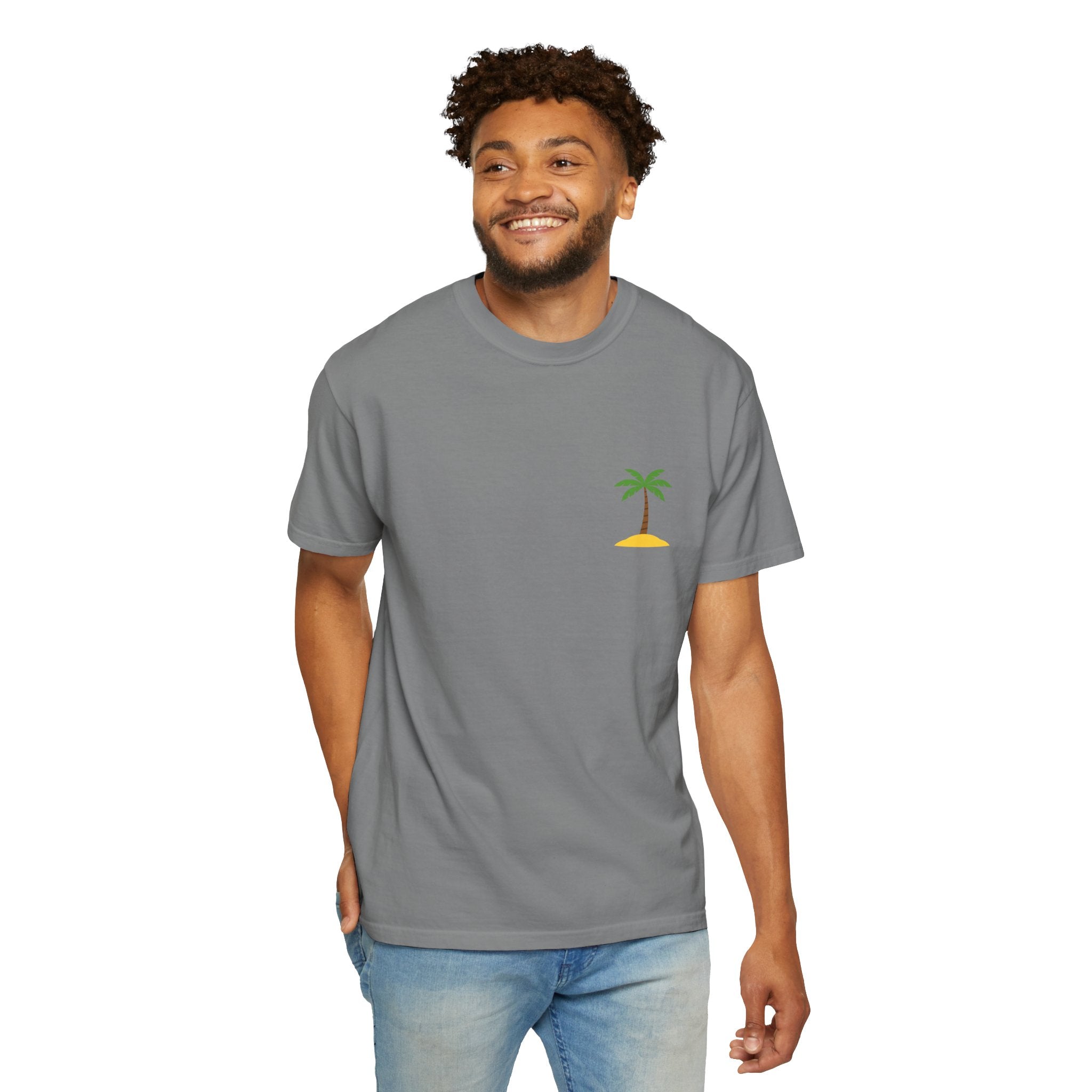 Palm Island Chest Tee — Minimal Tropical Graphic T-Shirt