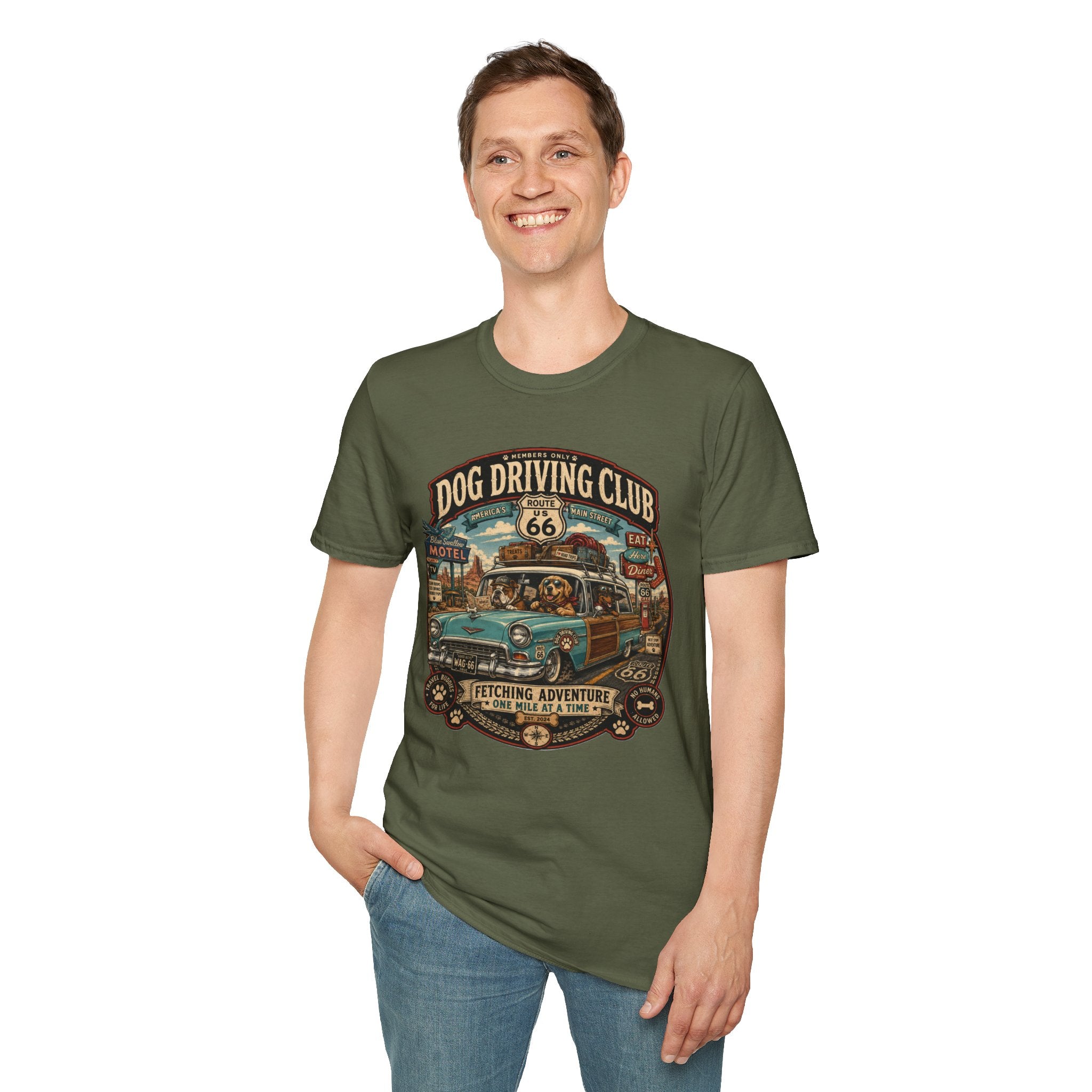 The Dog Driving Club T‑Shirt — Route 66 Retro Pet Road Trip Tee