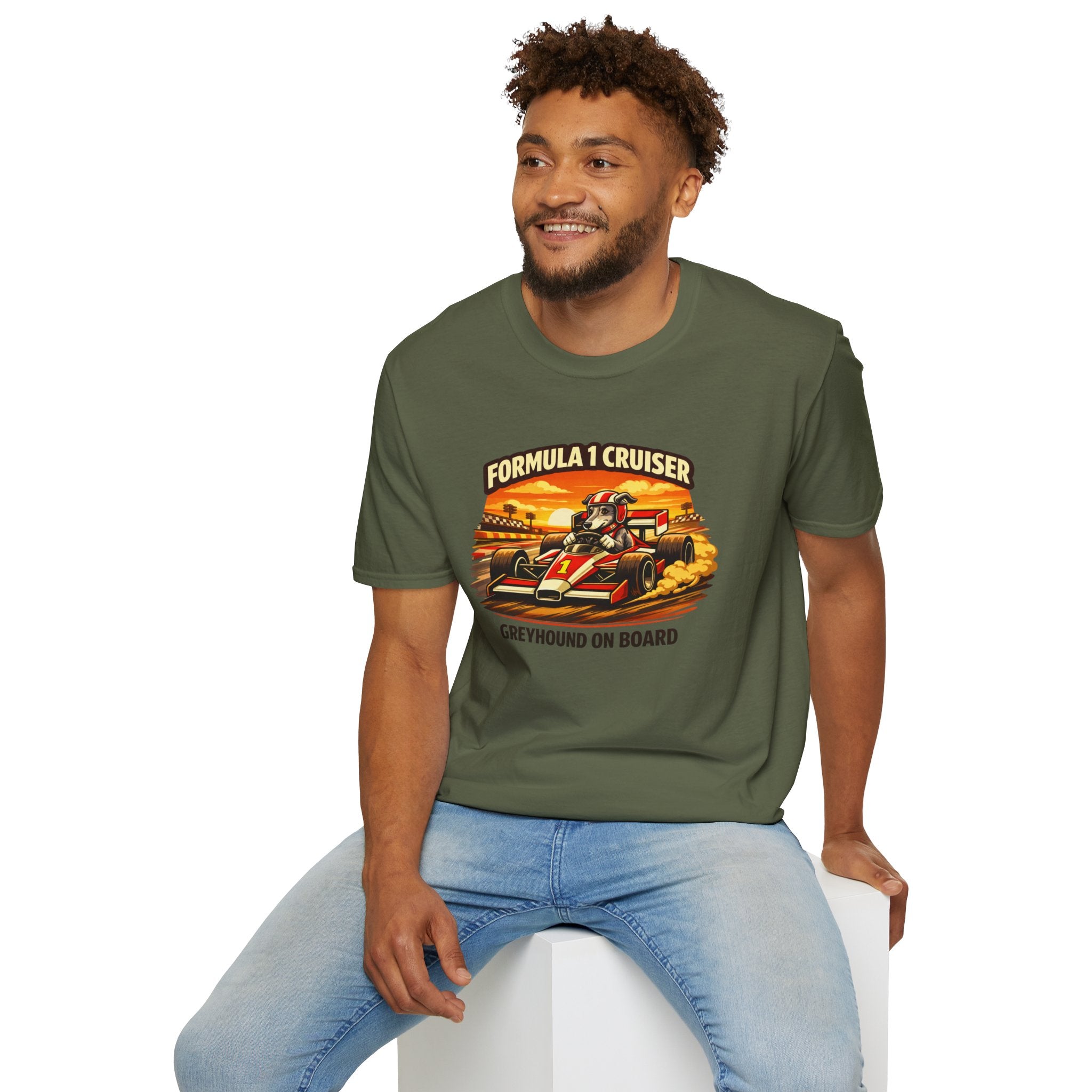 Formula 1 Cruiser T-Shirt — Vintage Racecar Graphic ("Greyhound On Board")