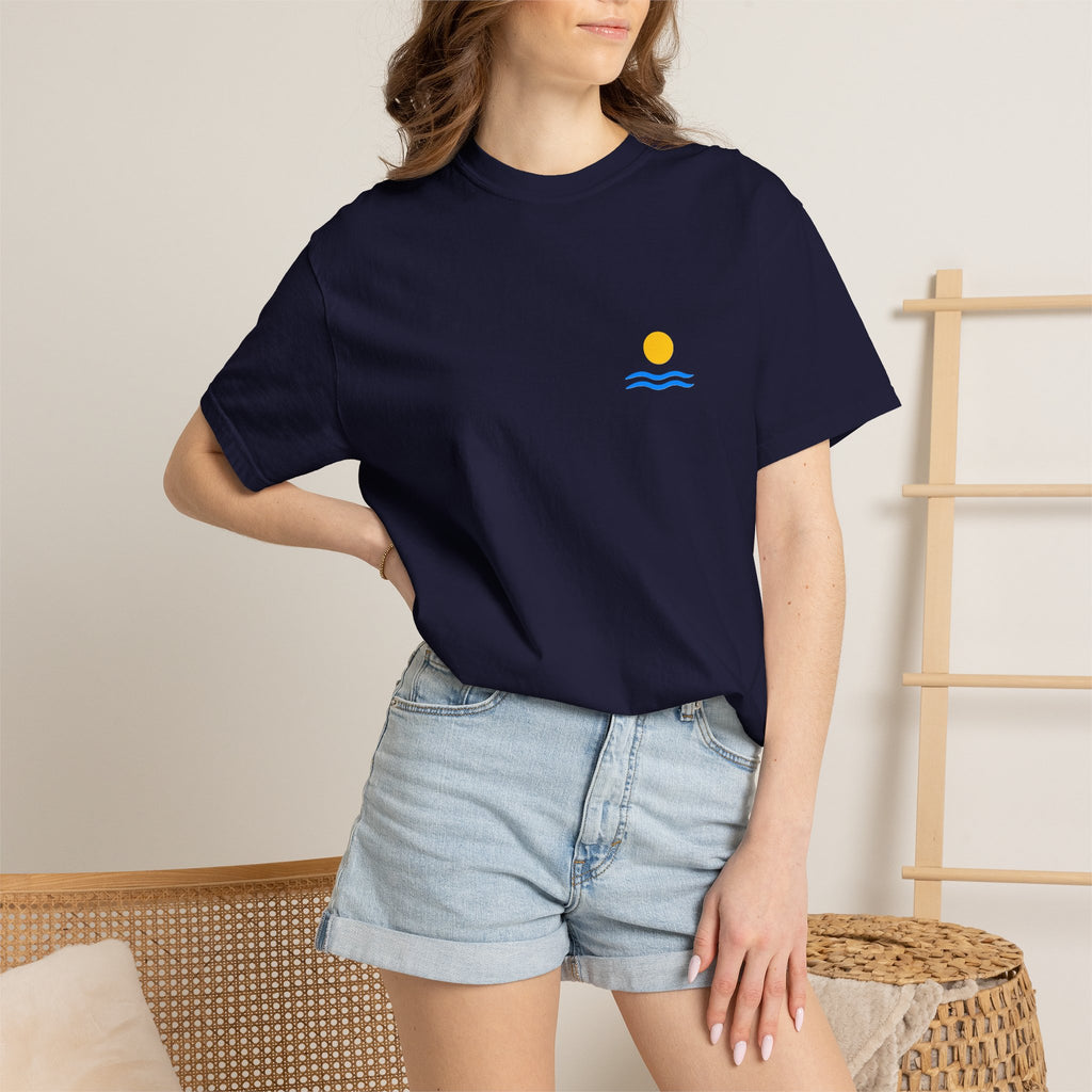 Sunrise Waves T-Shirt — Minimal Beach Pocket Graphic