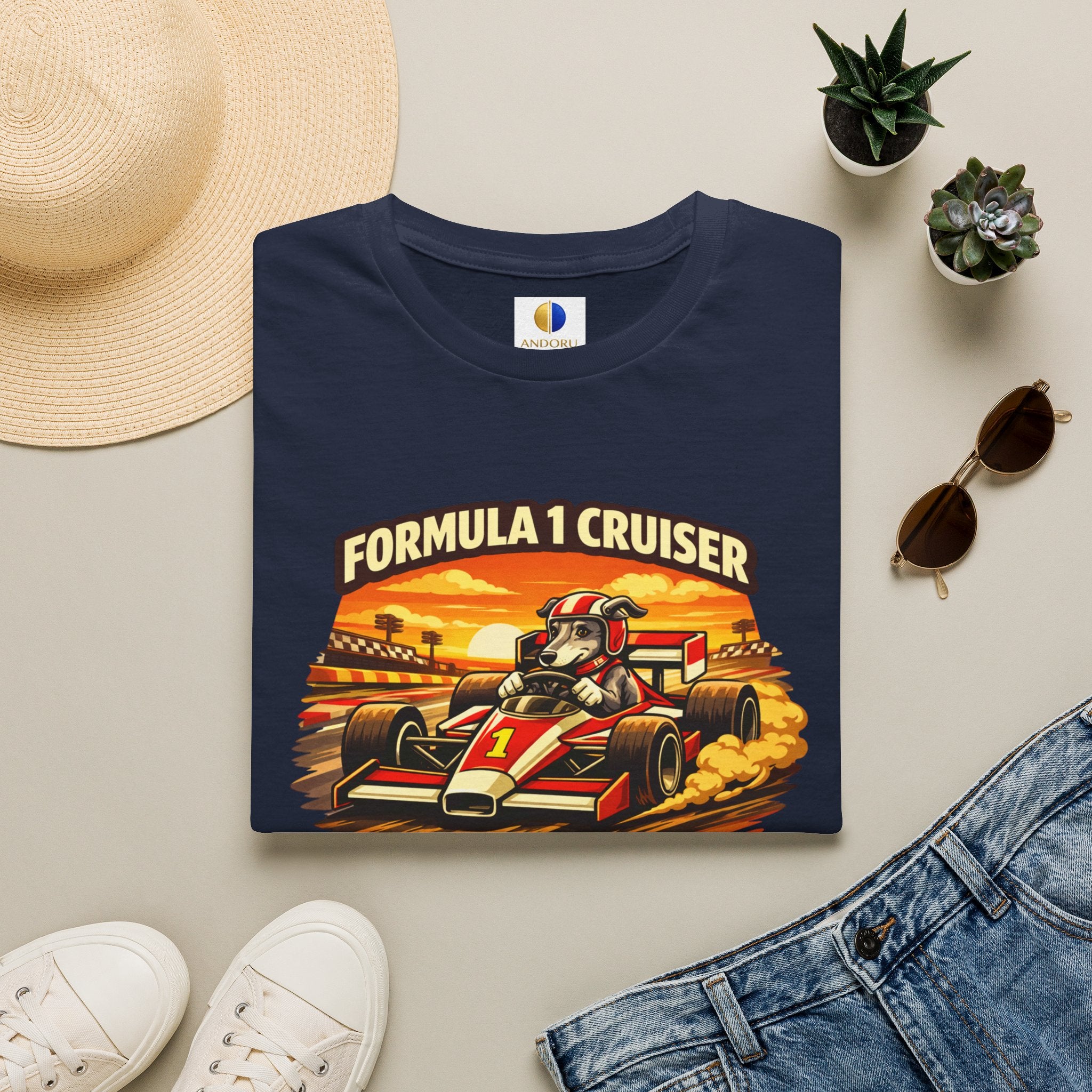 Formula 1 Cruiser T-Shirt — Vintage Racecar Graphic ("Greyhound On Board")