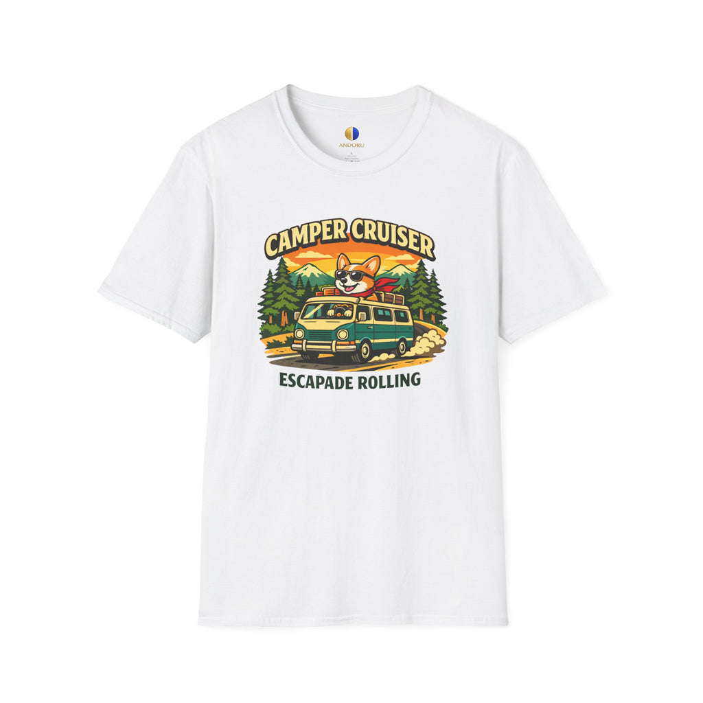 Camper Cruiser T-Shirt — Cute Corgi Van Life Graphic Tee for Camping Lovers
