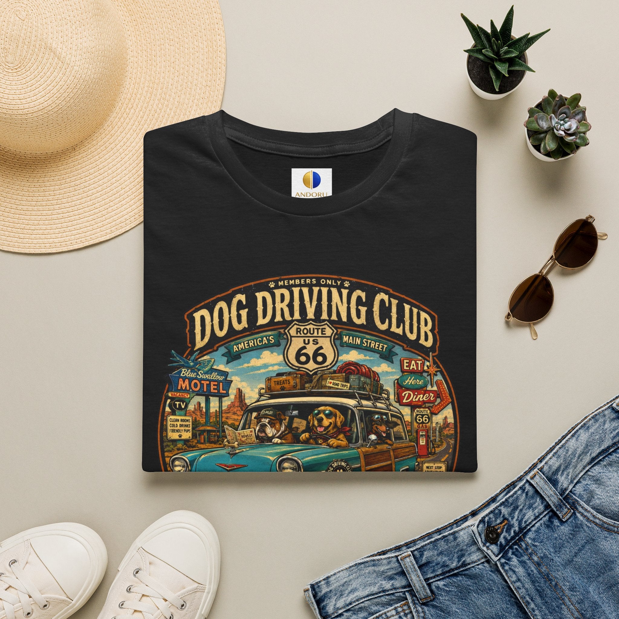 Dog Driving Club T‑Shirt — Route 66 Retro Pet Road Trip Tee