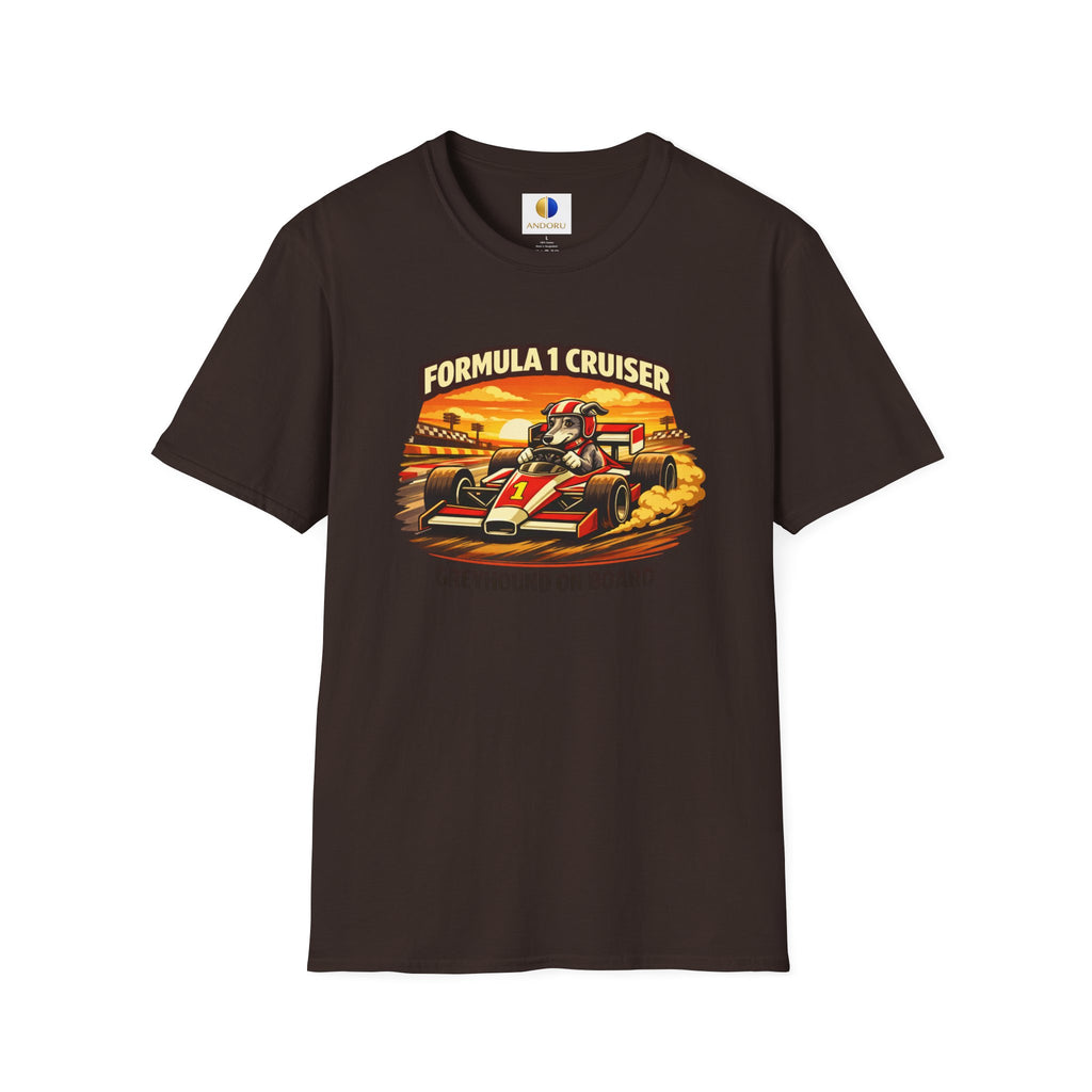 Formula 1 Cruiser T-Shirt — Vintage Racecar Graphic ("Greyhound On Board")