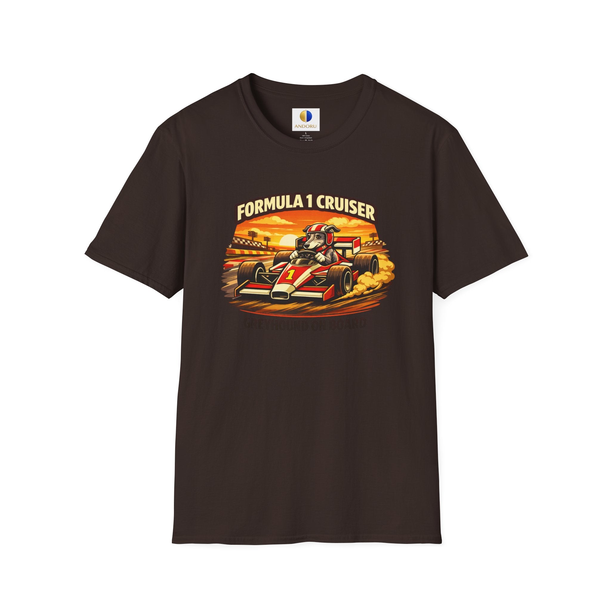 Formula 1 Cruiser T-Shirt — Vintage Racecar Graphic ("Greyhound On Board")