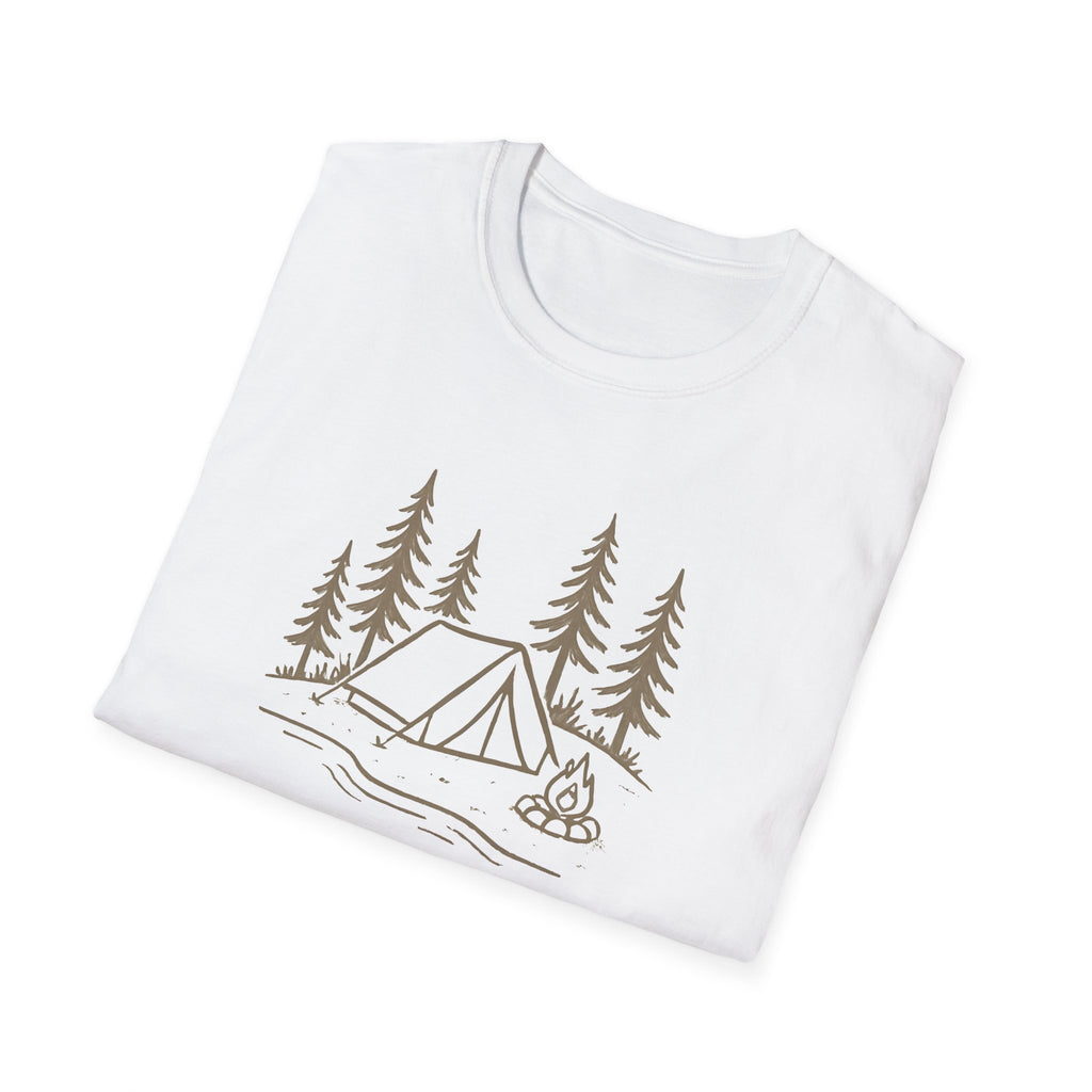 Camping Tent Tee — Minimal Lakeside Campfire Graphic T-Shirt