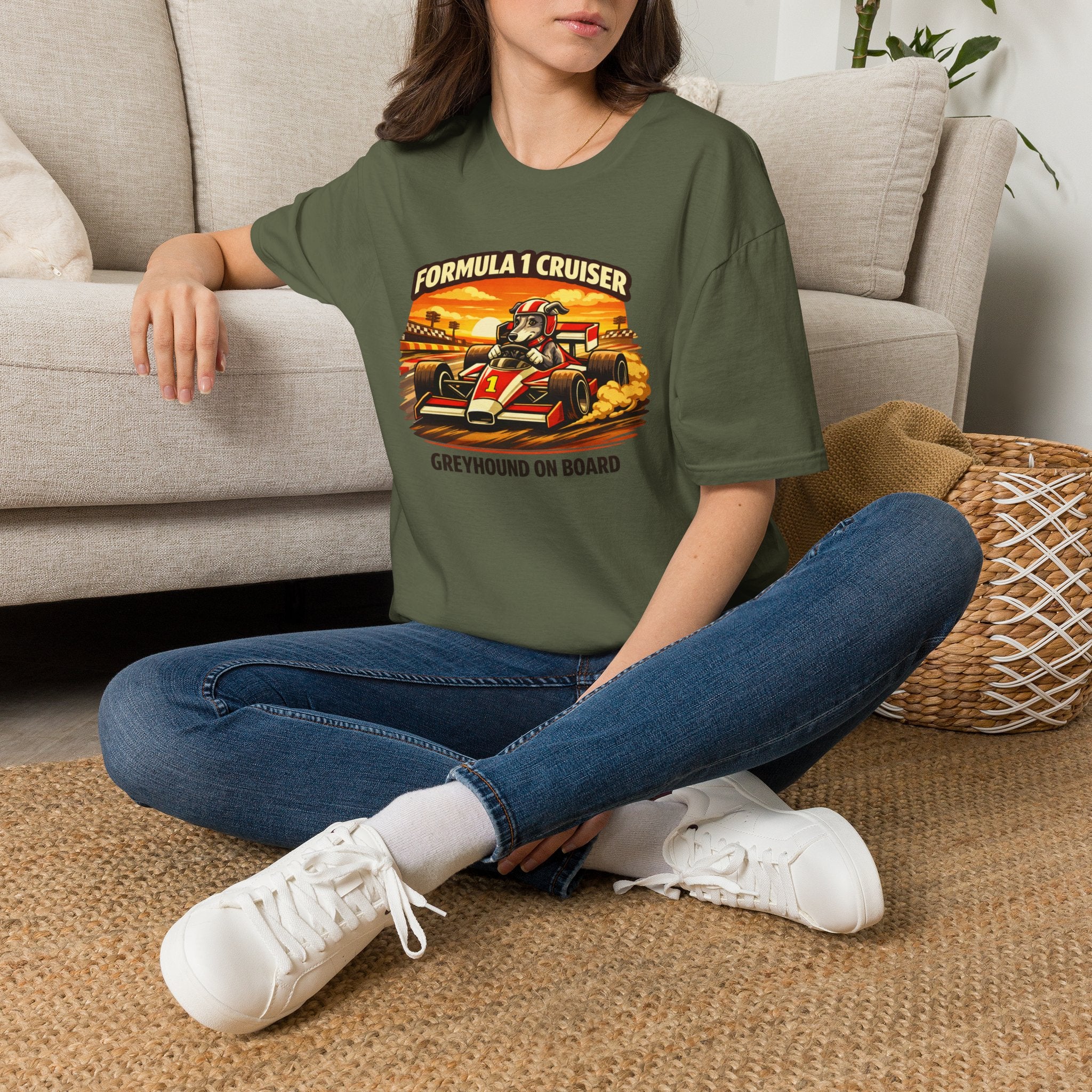 Formula 1 Cruiser T-Shirt — Vintage Racecar Graphic ("Greyhound On Board")