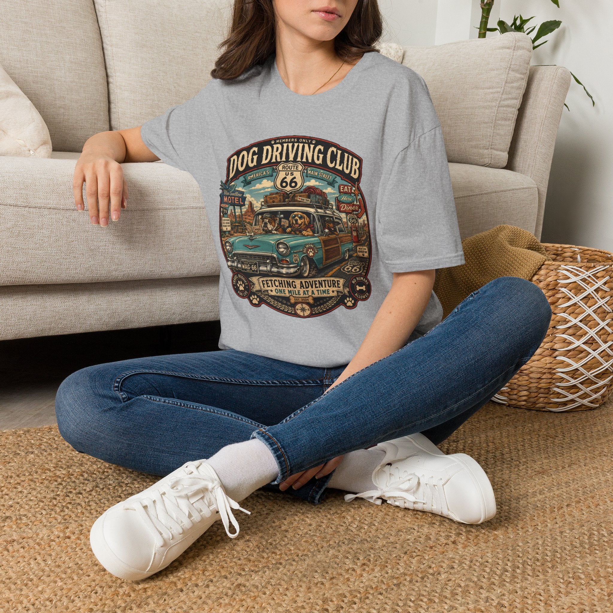 The Dog Driving Club T‑Shirt — Route 66 Retro Pet Road Trip Tee