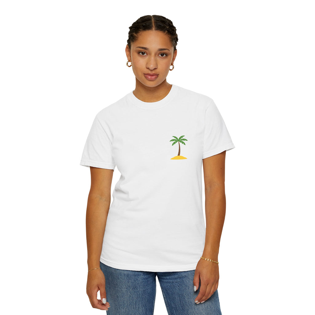 Palm Island Chest Tee — Minimal Tropical Graphic T-Shirt