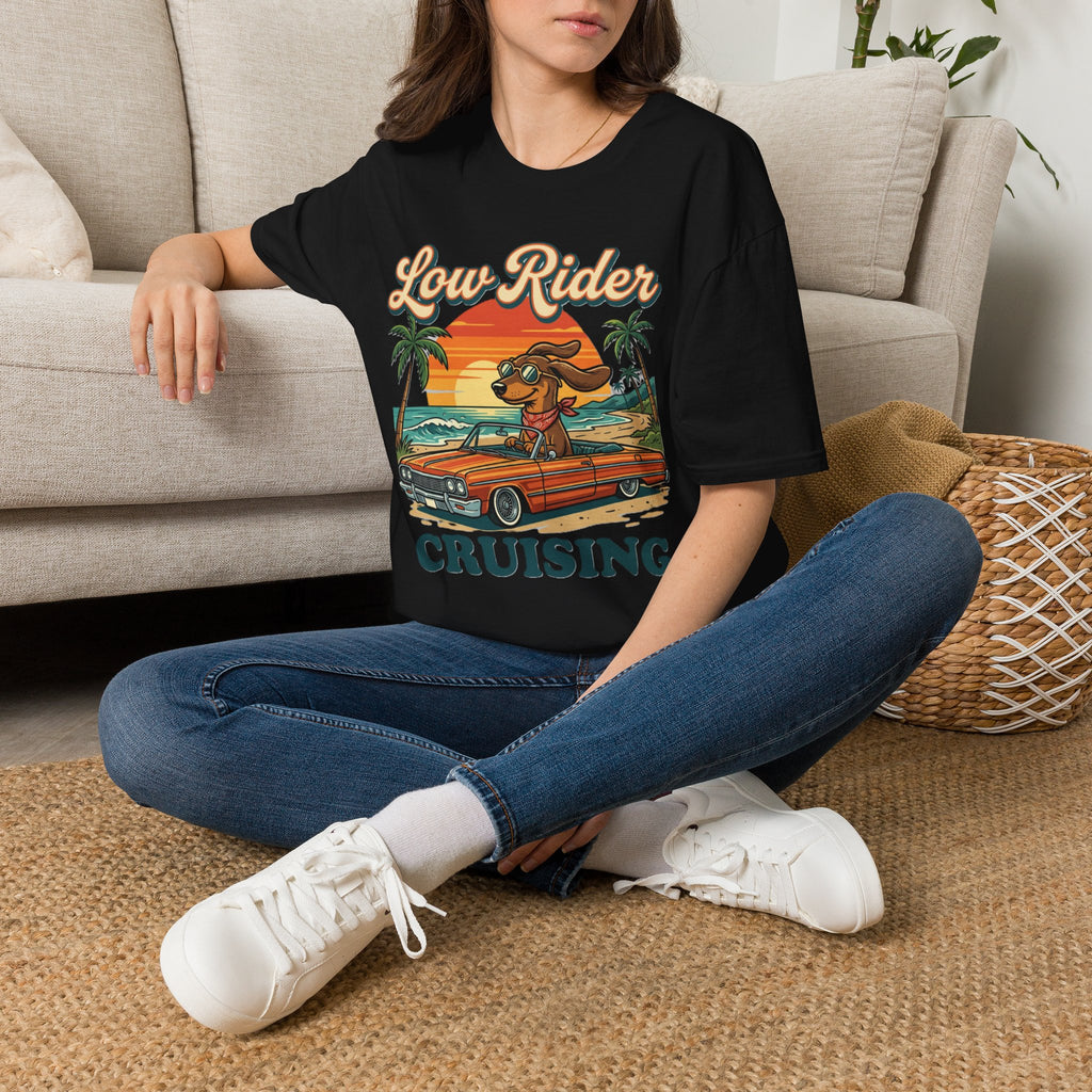 Low Rider Cruise Dog T-Shirt — Retro Palm Sunset Graphic Tee