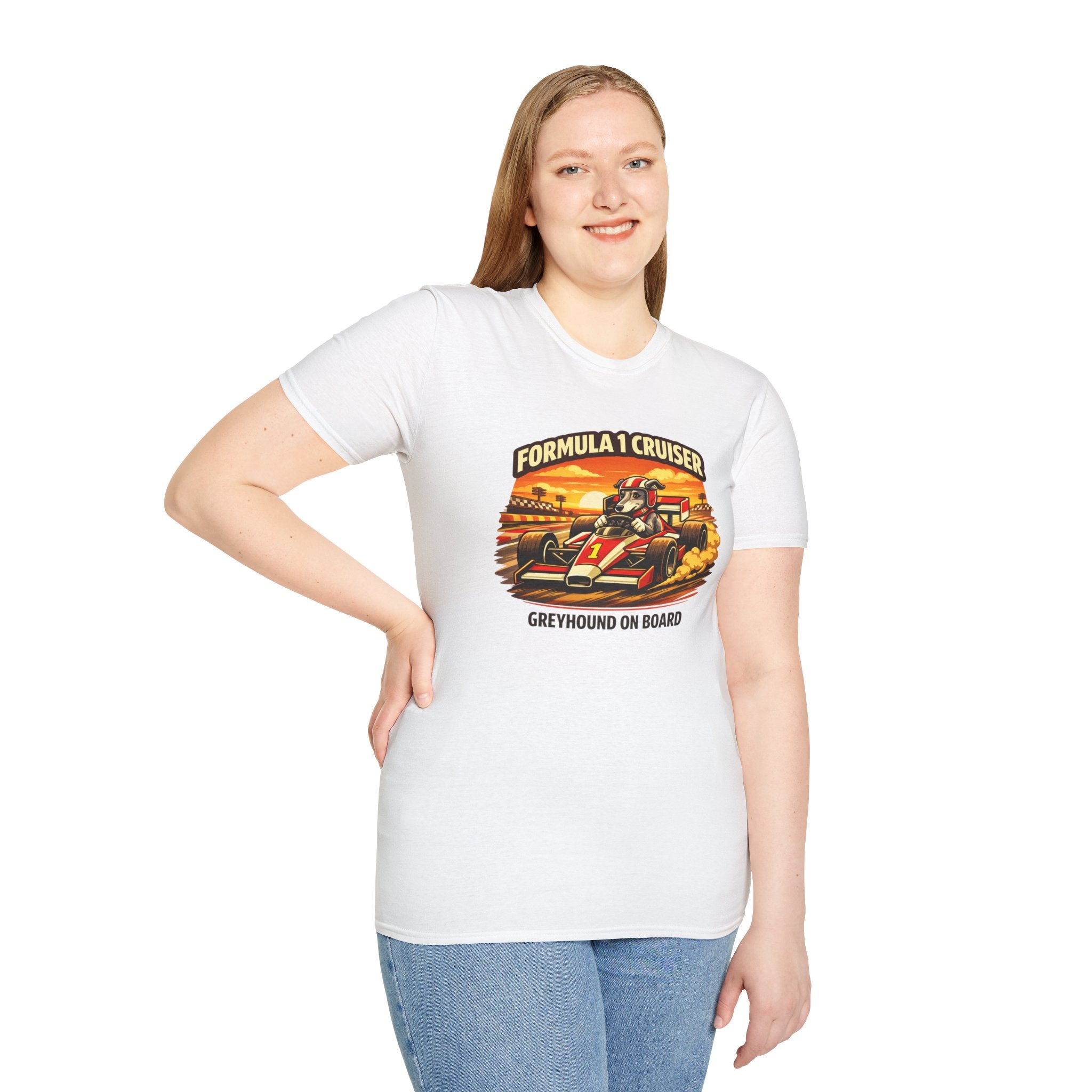 Formula 1 Cruiser T-Shirt — Vintage Racecar Graphic ("Greyhound On Board")