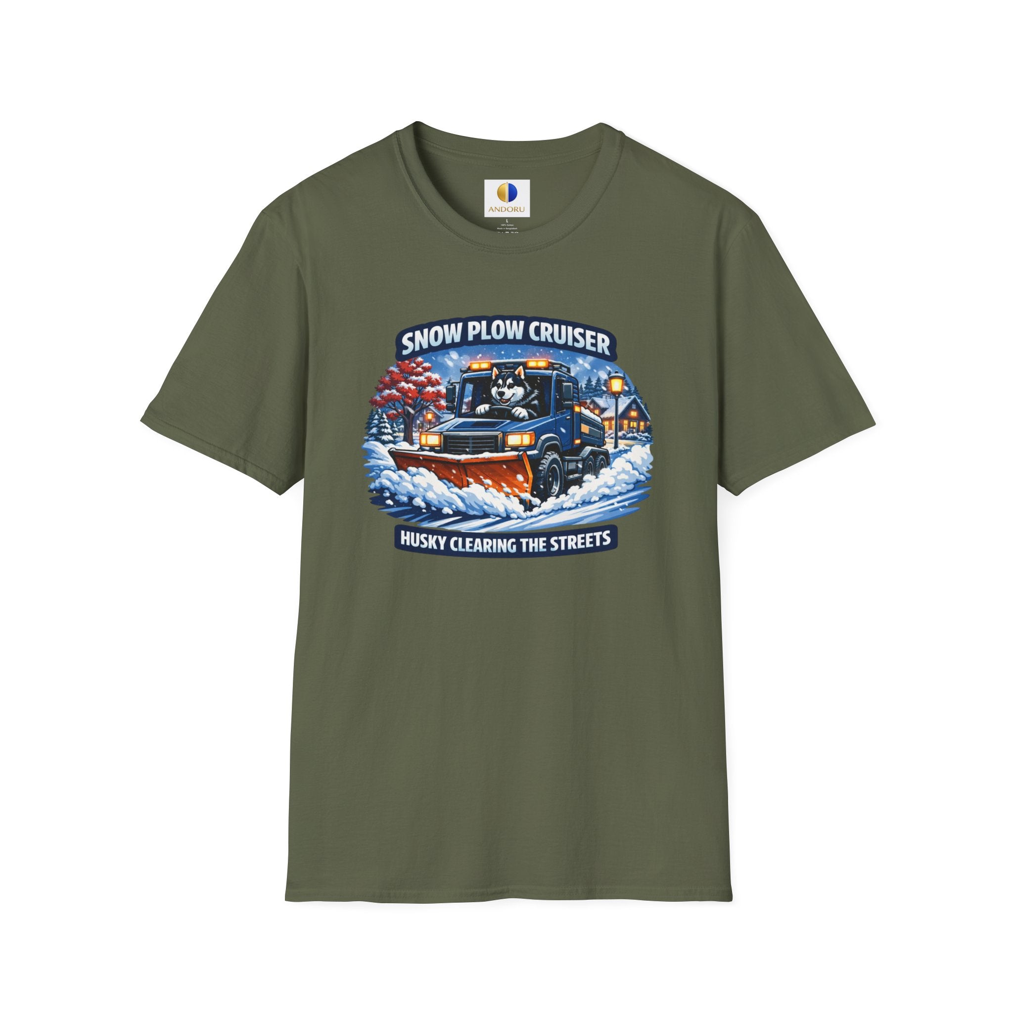 Snow Plow Cruiser T-Shirt — Husky Driving Plow Winter Tee