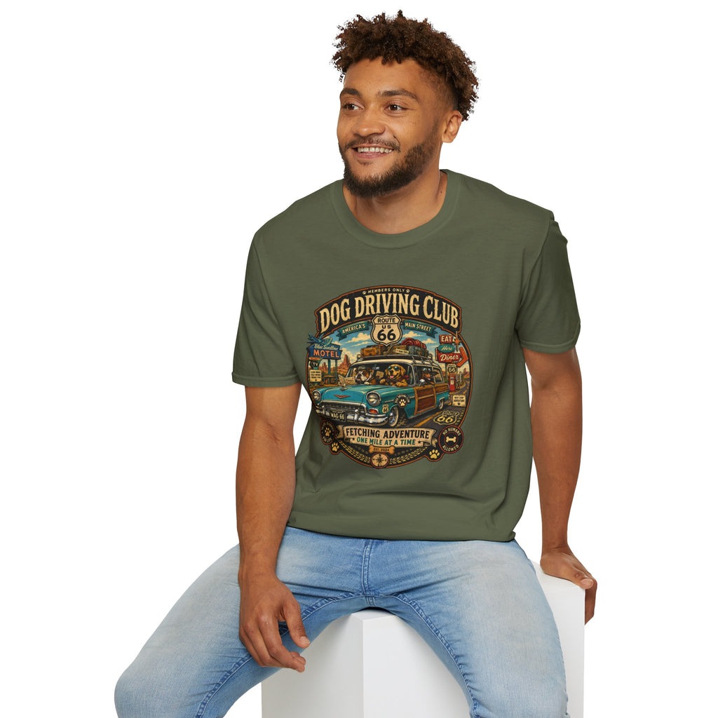 Dog Driving Club T‑Shirt — Route 66 Retro Pet Road Trip Tee