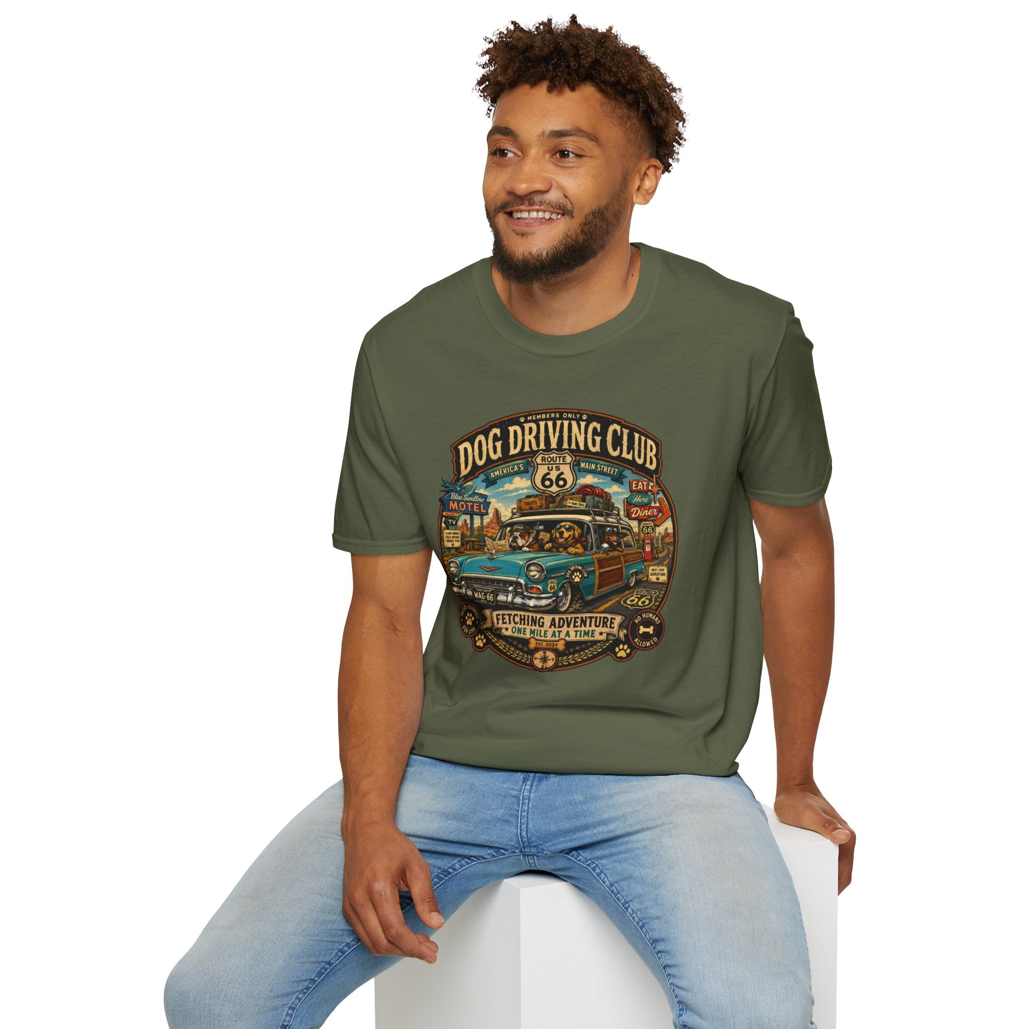 Dog Driving Club T‑Shirt — Route 66 Retro Pet Road Trip Tee