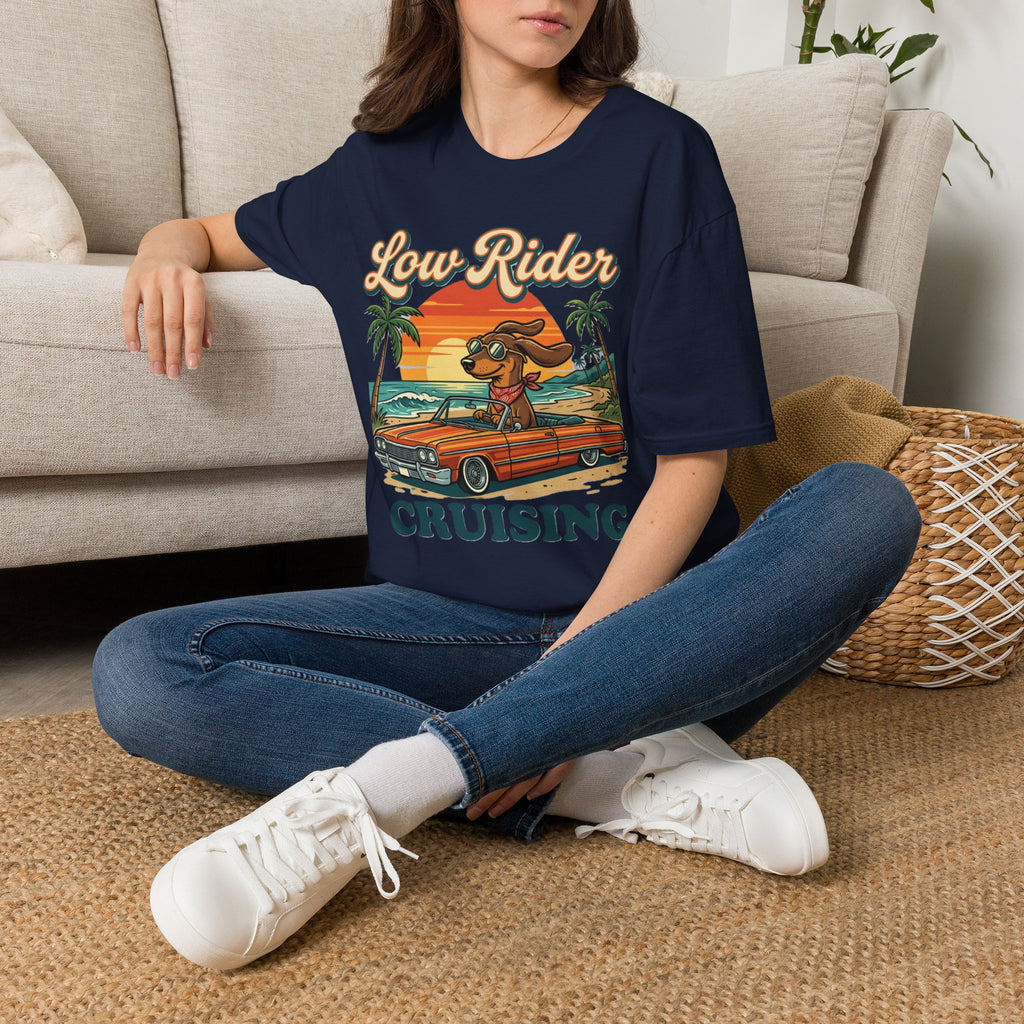 Low Rider Cruise Dog T-Shirt — Retro Palm Sunset Graphic Tee