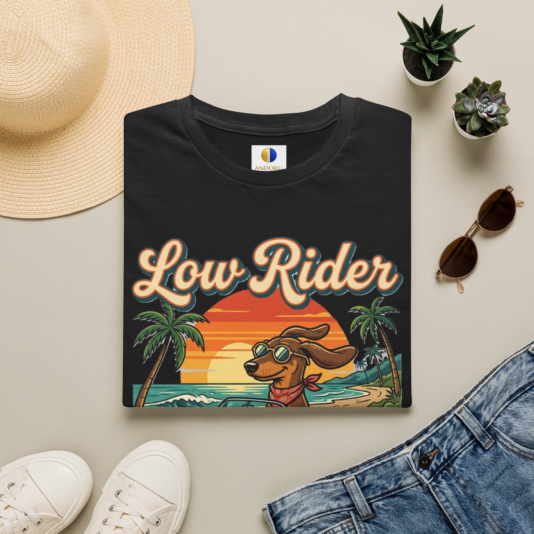 Low Rider Cruise Dog T-Shirt — Retro Palm Sunset Graphic Tee