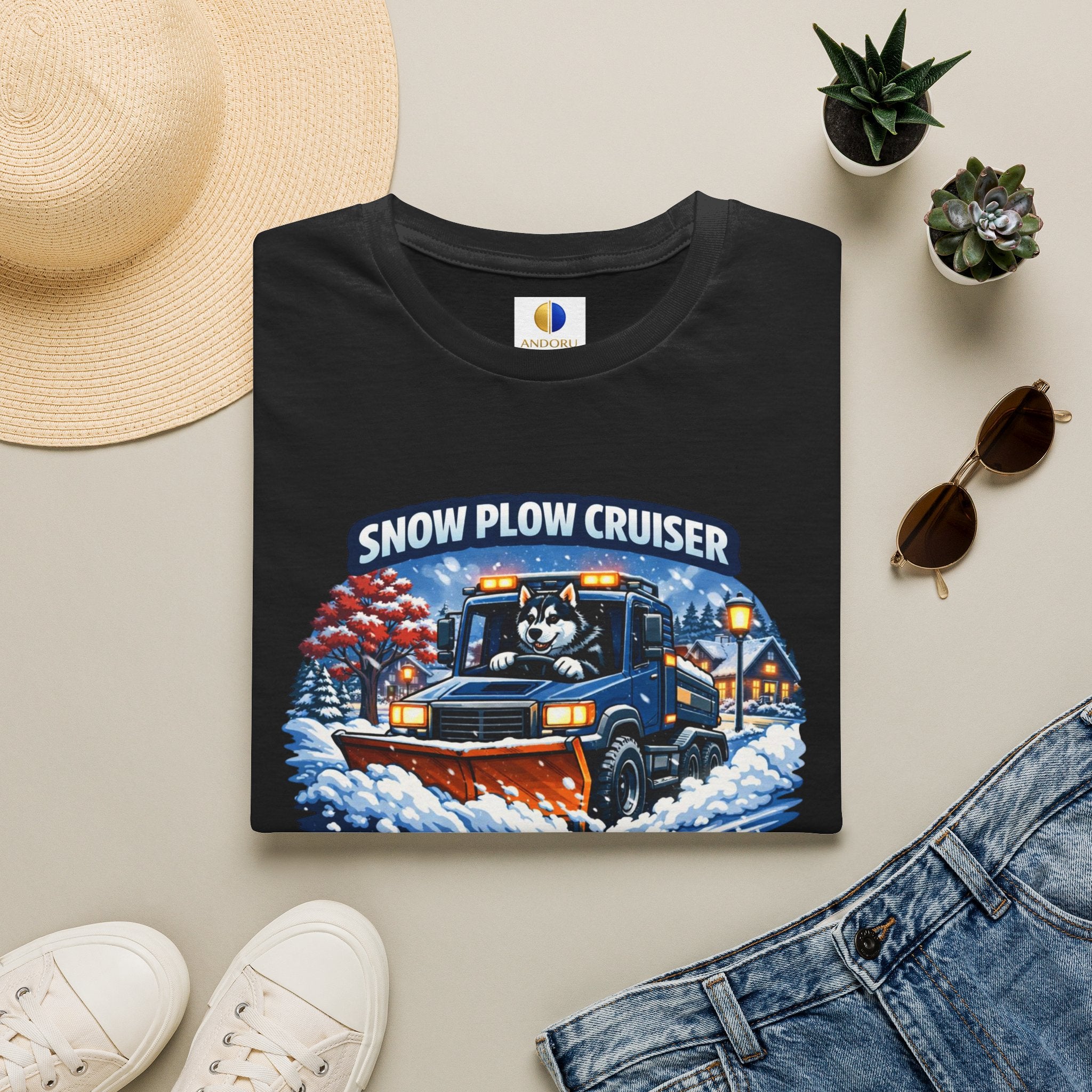Snow Plow Cruiser T-Shirt — Husky Driving Plow Winter Tee
