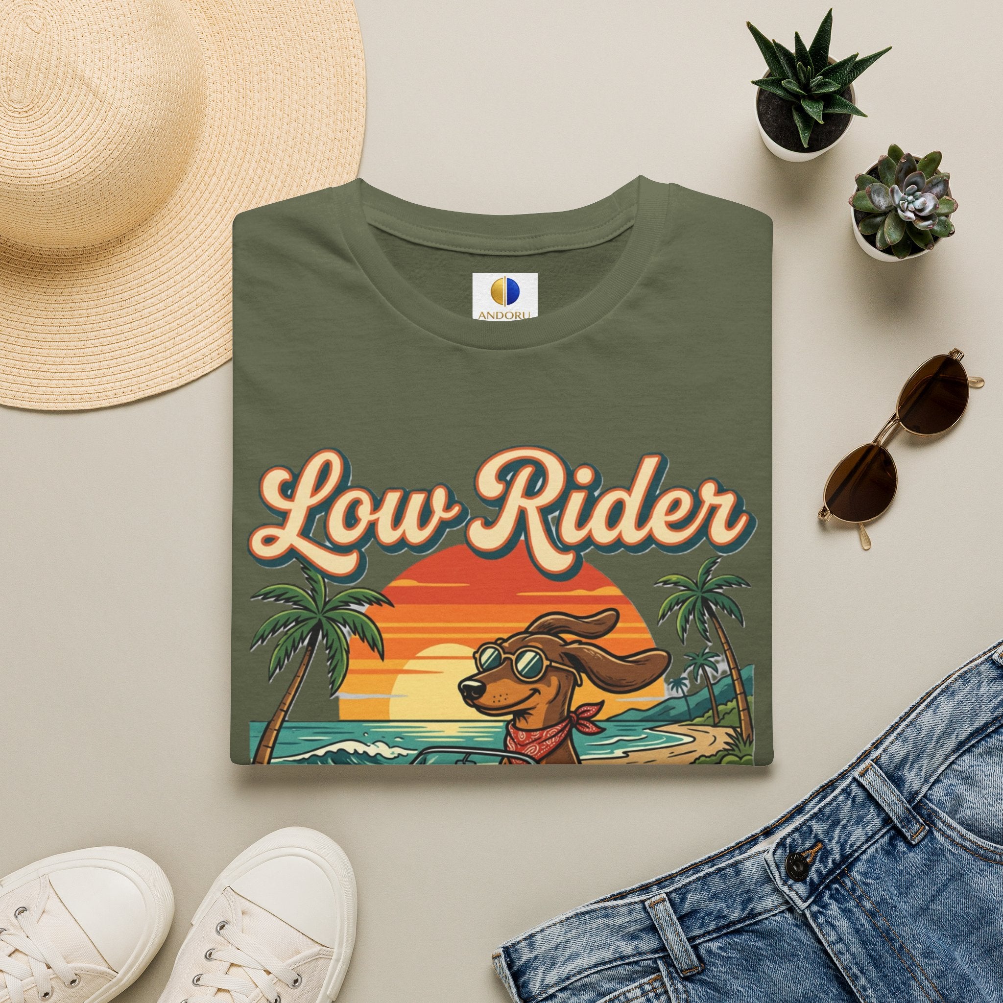Low Rider Cruise Dog T-Shirt — Retro Palm Sunset Graphic Tee