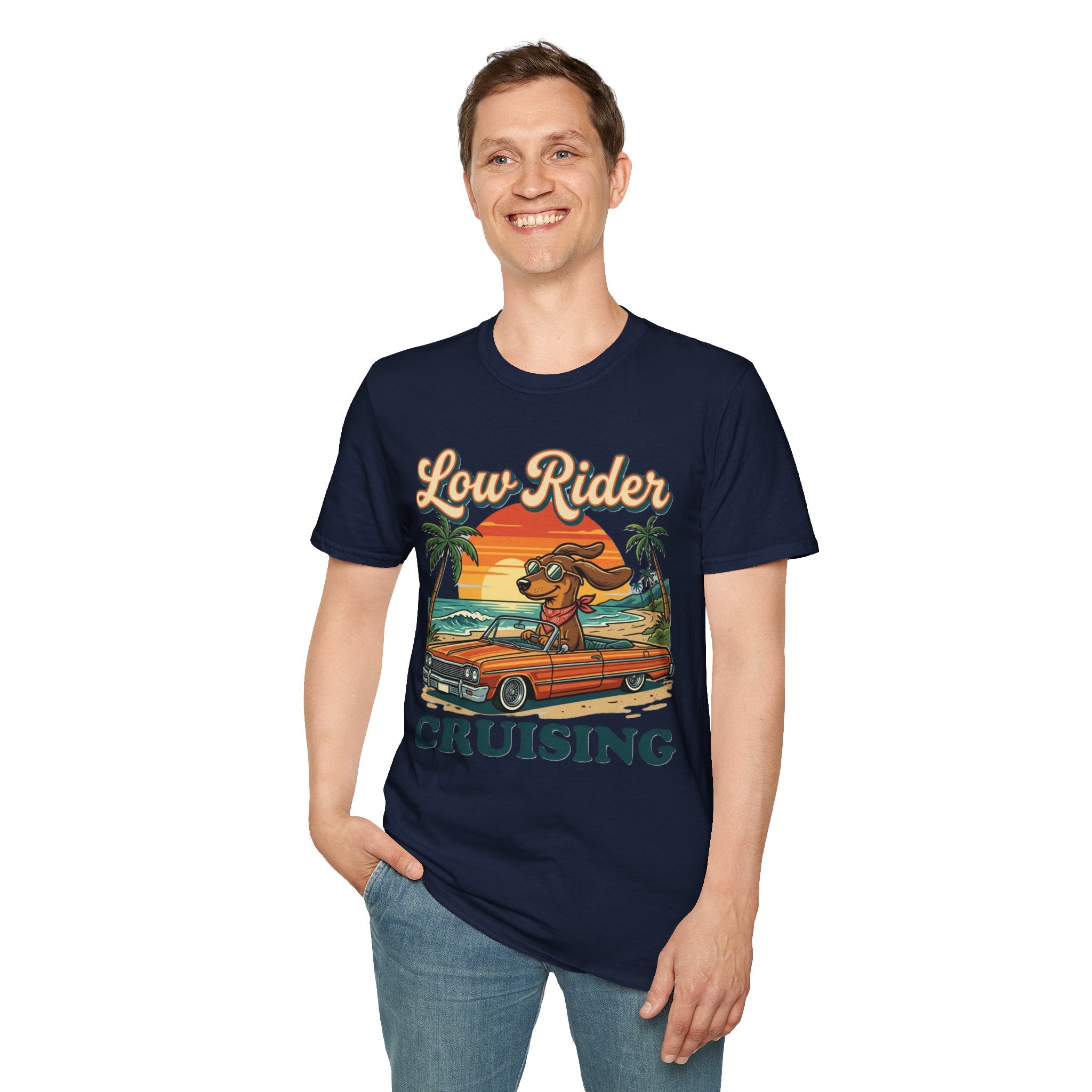 Low Rider Cruise Dog T-Shirt — Retro Palm Sunset Graphic Tee