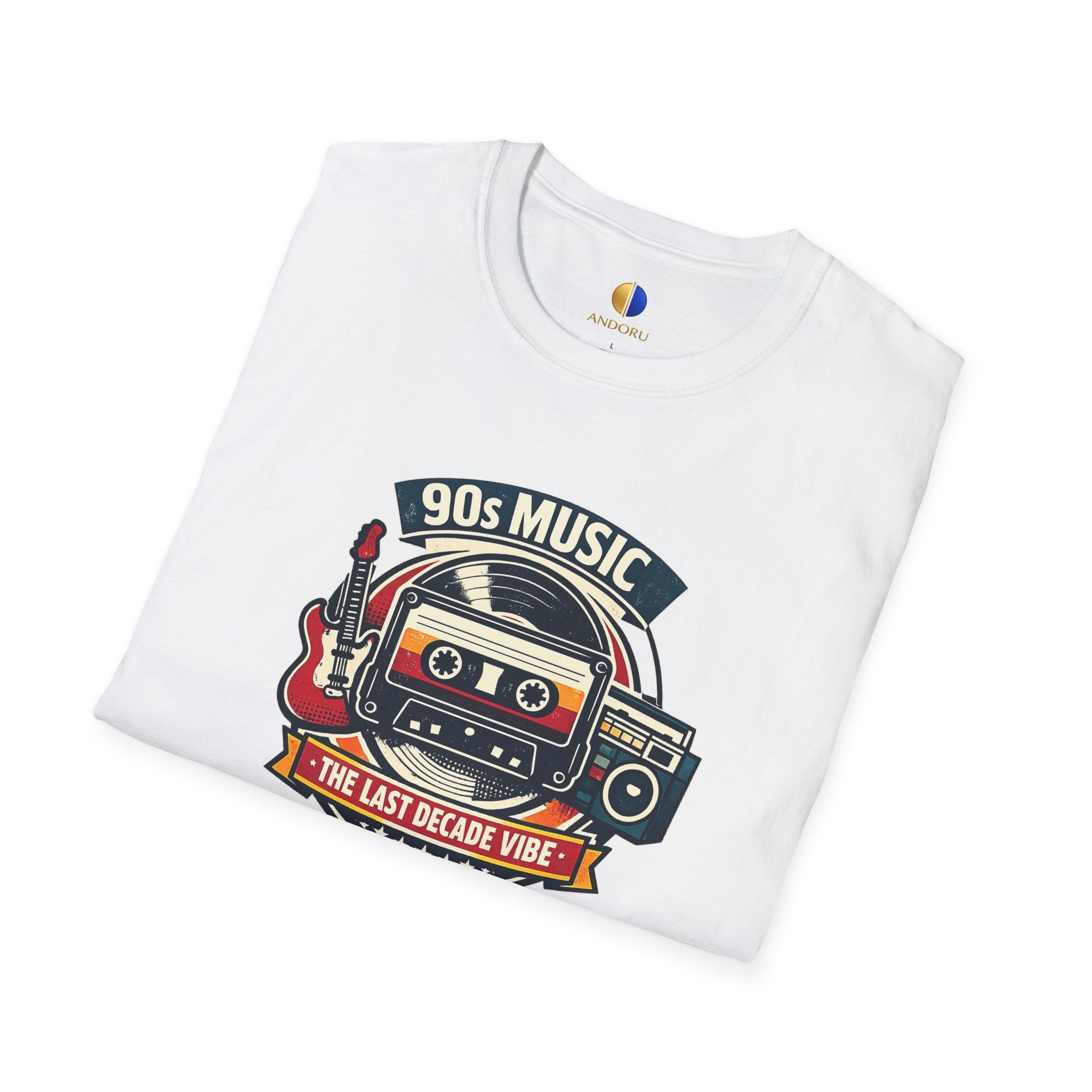 90s Music T-Shirt — Retro Cassette & Guitar 'The Last Decade Vibe' Tee