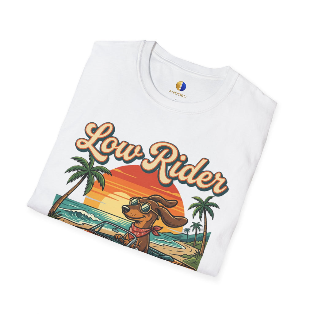 Low Rider Cruise Dog T-Shirt — Retro Palm Sunset Graphic Tee
