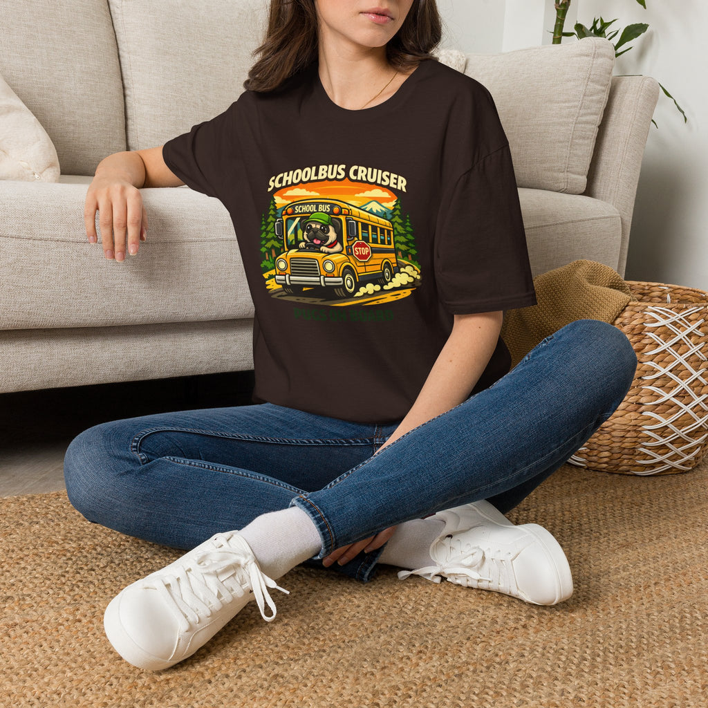 Schoolbus Cruiser T-Shirt — "Pugs On Board" Cute Dog Bus Graphic Tee