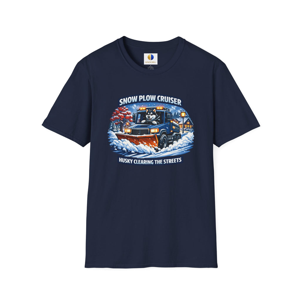 Snow Plow Cruiser T-Shirt — Husky Driving Plow Winter Tee