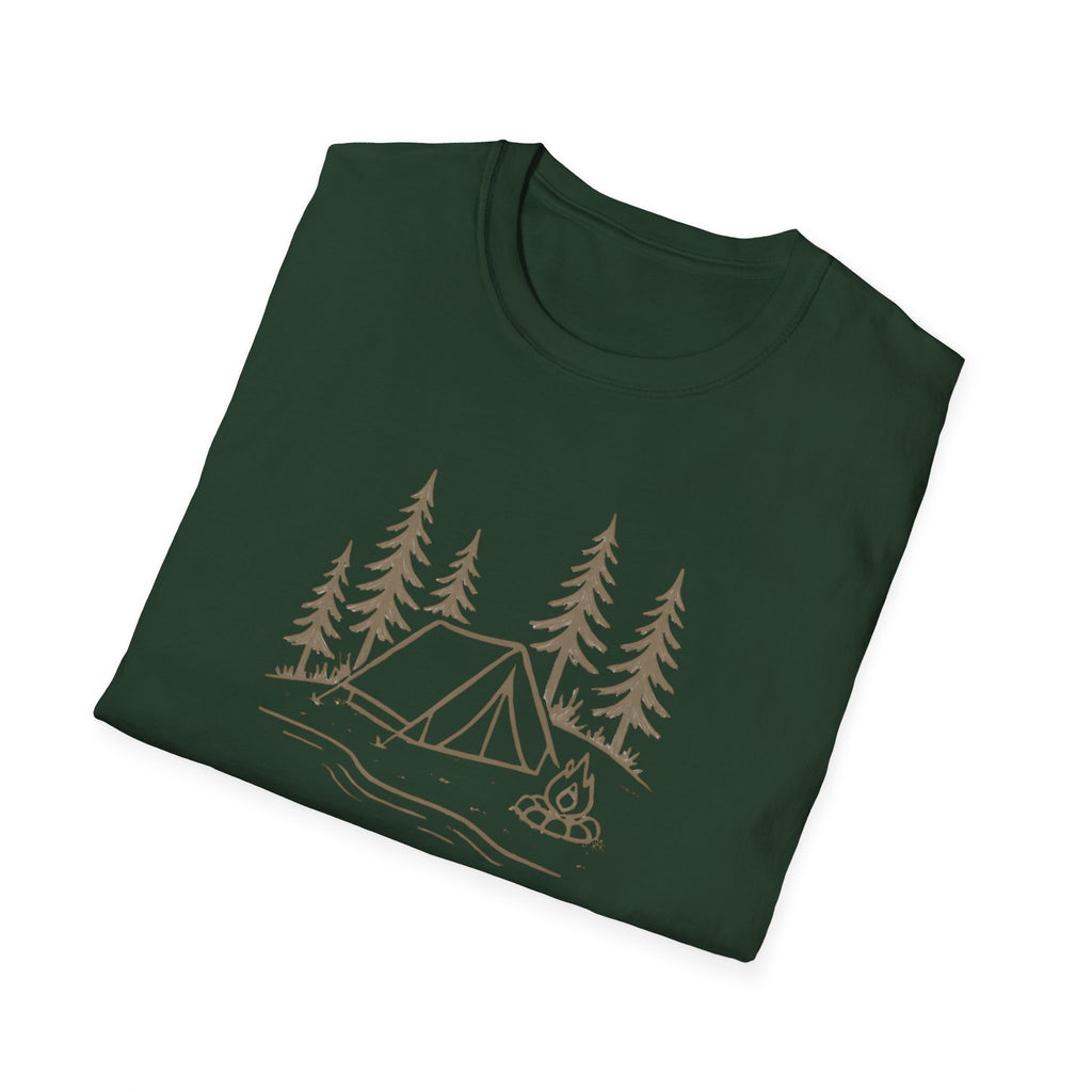 Camping Tent Tee — Minimal Lakeside Campfire Graphic T-Shirt