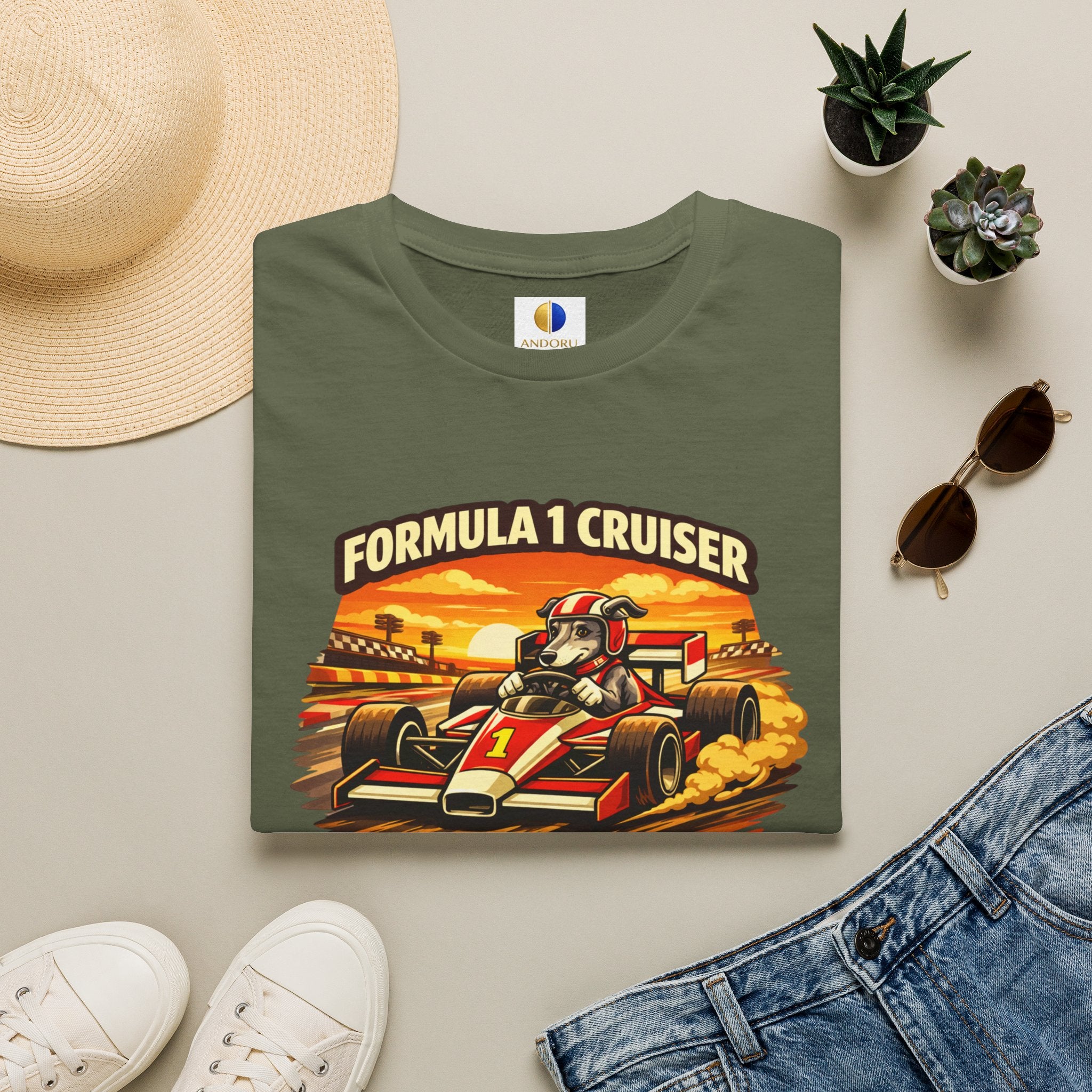 Formula 1 Cruiser T-Shirt — Vintage Racecar Graphic ("Greyhound On Board")