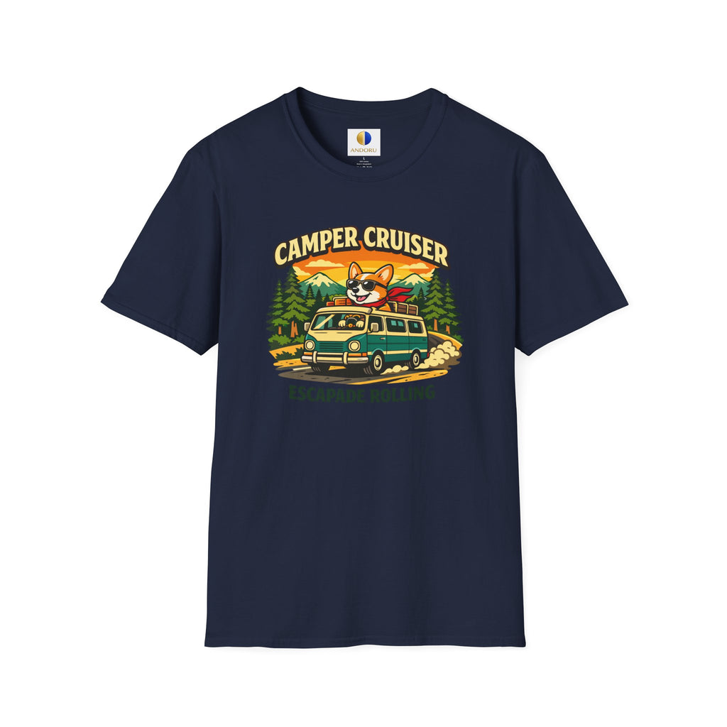Camper Cruiser T-Shirt — Cute Corgi Van Life Graphic Tee for Camping Lovers
