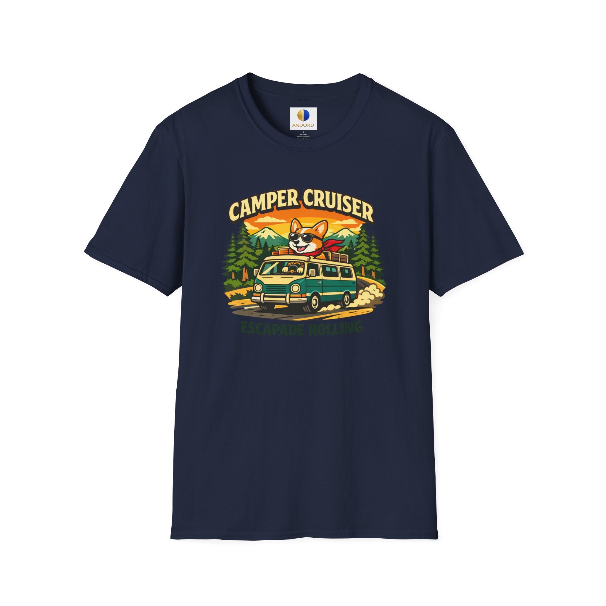 Camper Cruiser T-Shirt — Cute Corgi Van Life Graphic Tee for Camping Lovers