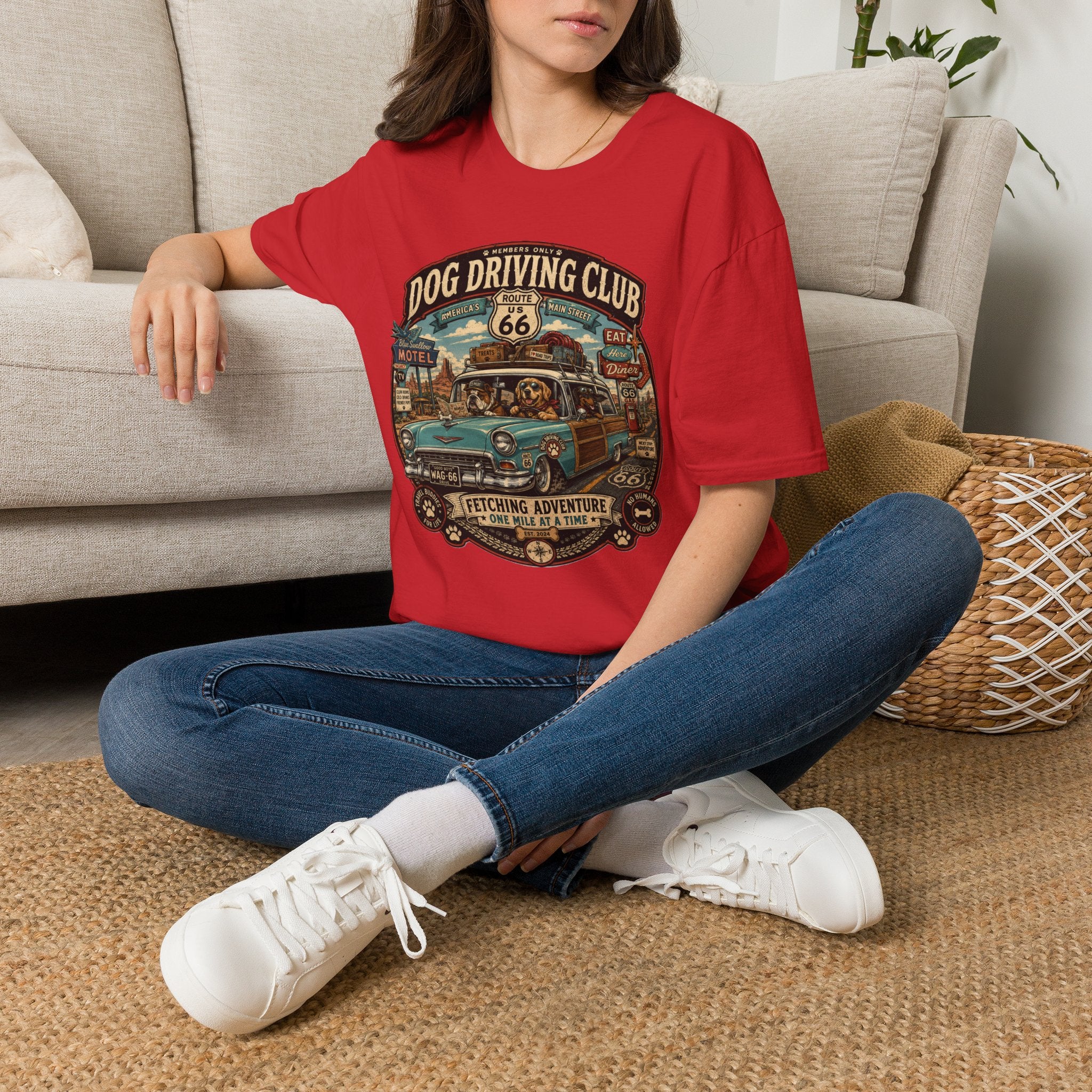 The Dog Driving Club T‑Shirt — Route 66 Retro Pet Road Trip Tee