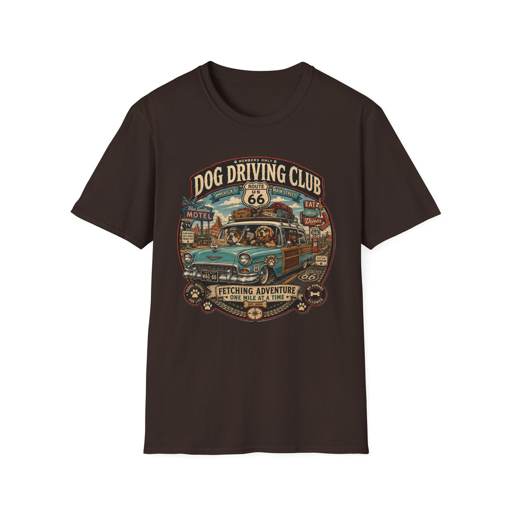The Dog Driving Club T‑Shirt — Route 66 Retro Pet Road Trip Tee