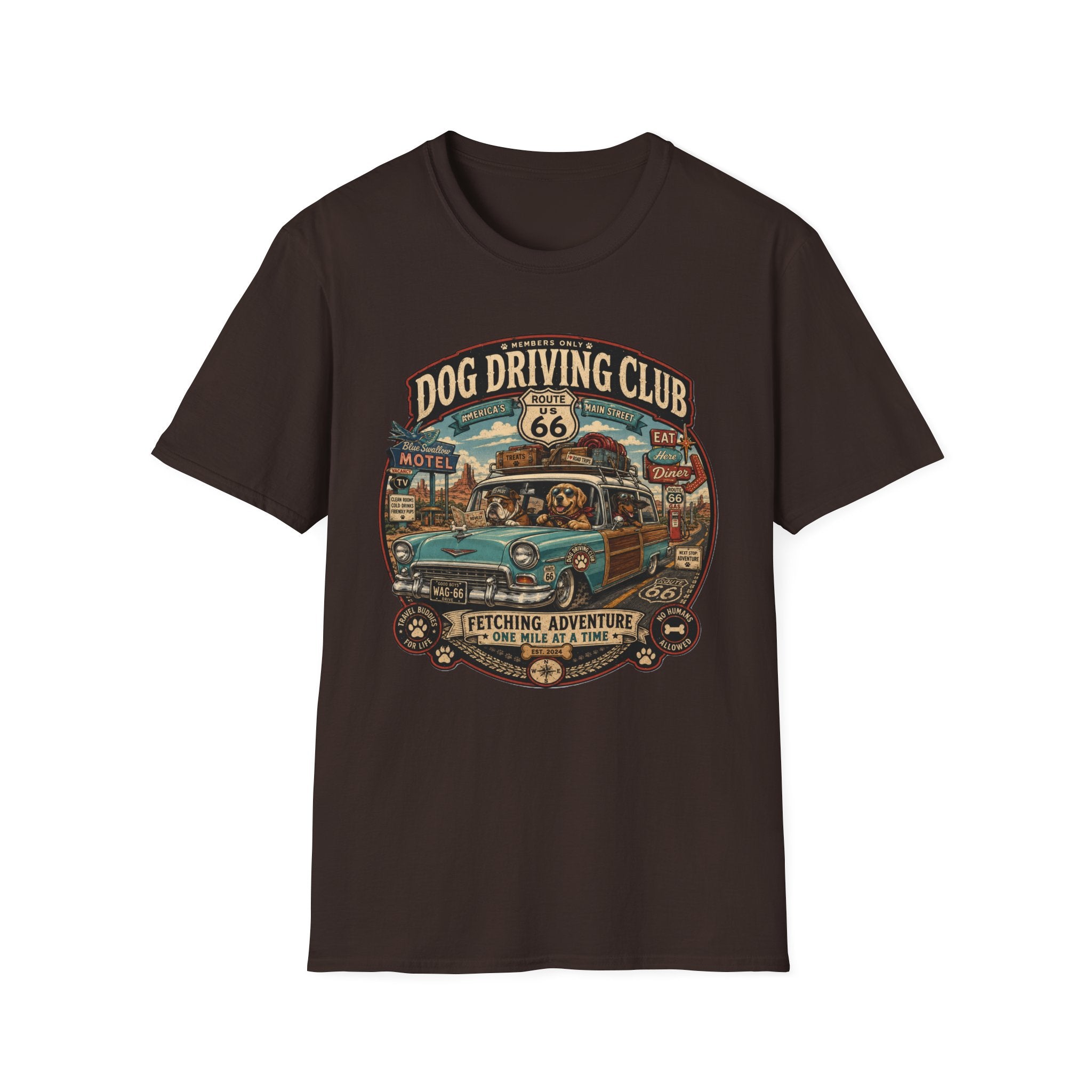 The Dog Driving Club T‑Shirt — Route 66 Retro Pet Road Trip Tee