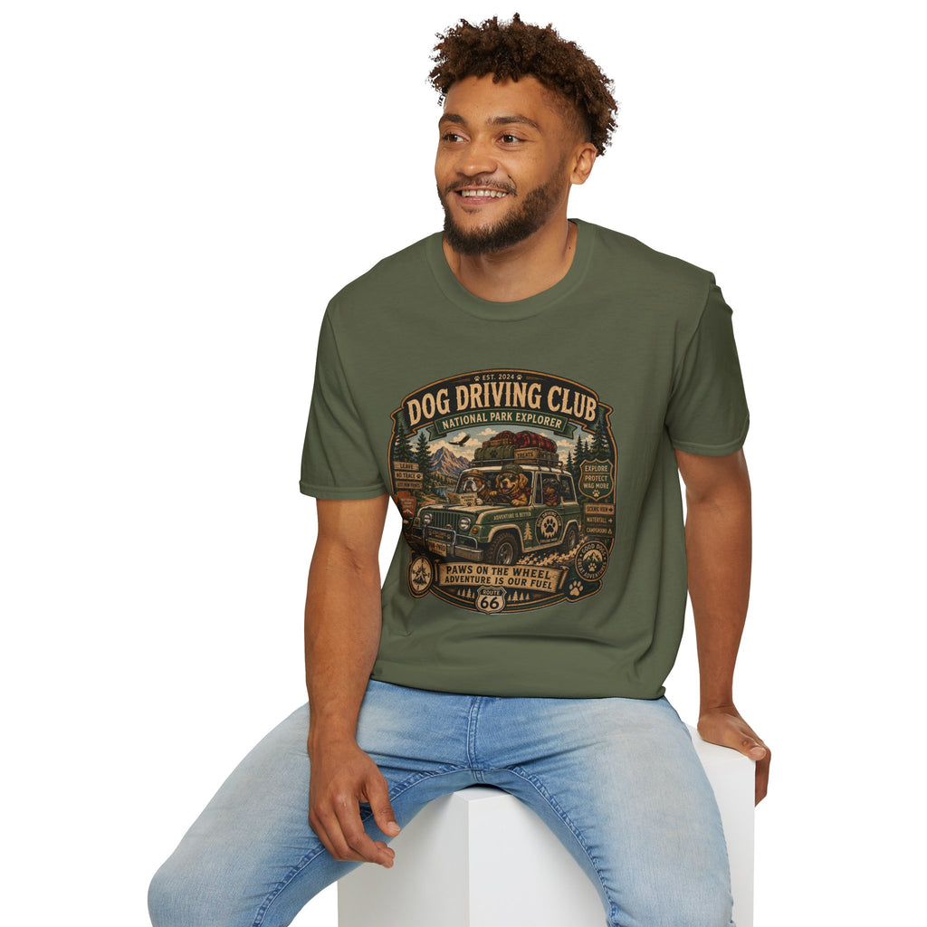 Dog Driving Club T‑Shirt — National Park Explorer Retro Pet Road Trip Tee