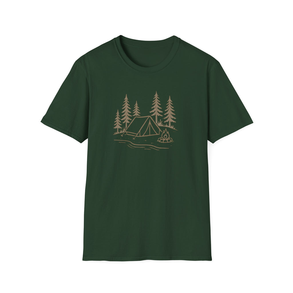Camping Tent Tee — Minimal Lakeside Campfire Graphic T-Shirt