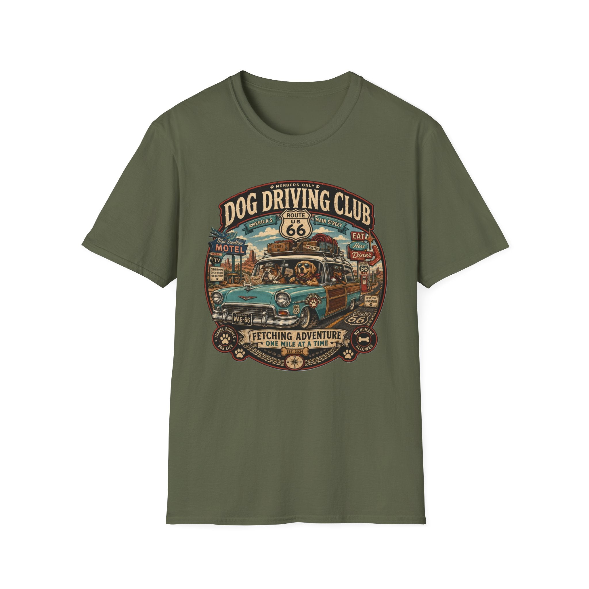The Dog Driving Club T‑Shirt — Route 66 Retro Pet Road Trip Tee