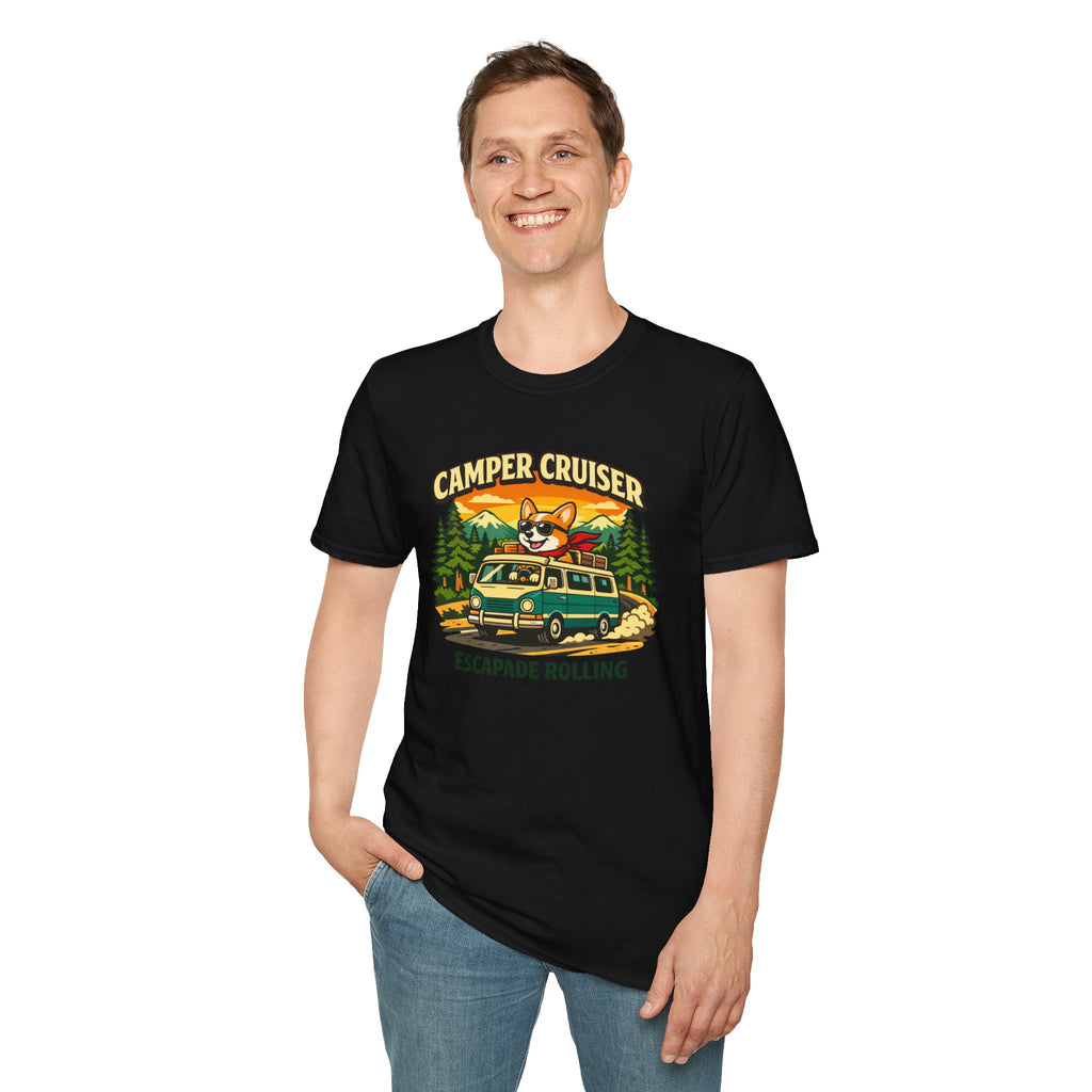 Camper Cruiser T-Shirt — Cute Corgi Van Life Graphic Tee for Camping Lovers