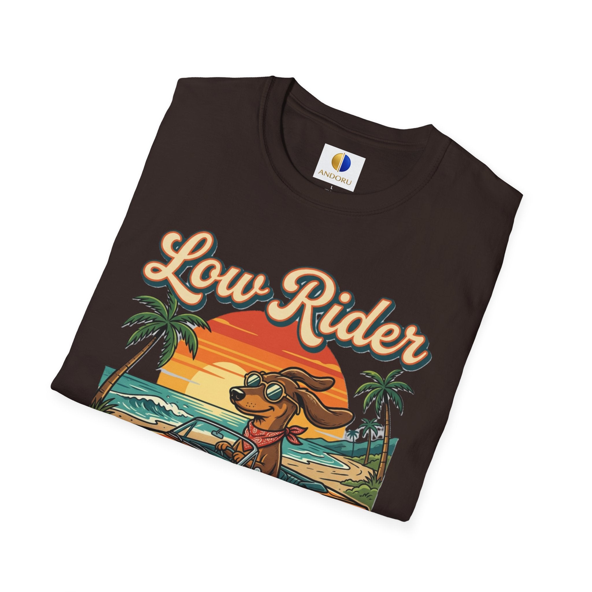 Low Rider Cruise Dog T-Shirt — Retro Palm Sunset Graphic Tee