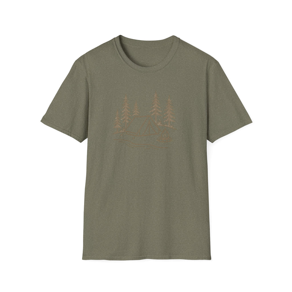 Camping Tent Tee — Minimal Lakeside Campfire Graphic T-Shirt