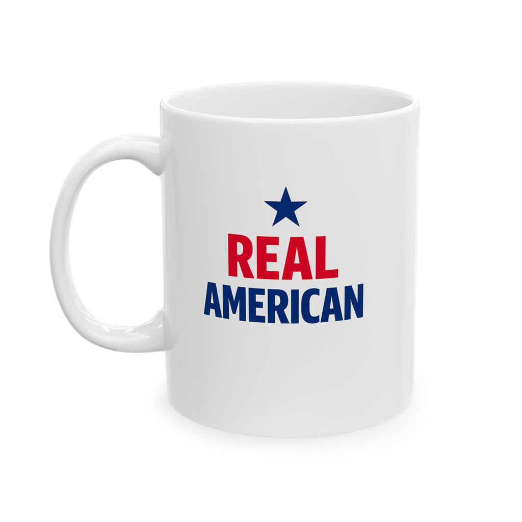 Patriotic Ceramic Mug — “Real American” Eagle Flag Design (11oz & 15oz)
