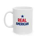 Patriotic Ceramic Mug — “Real American” Eagle Flag Design (11oz & 15oz)