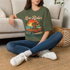 Low Rider Cruise Dog T-Shirt — Retro Palm Sunset Graphic Tee