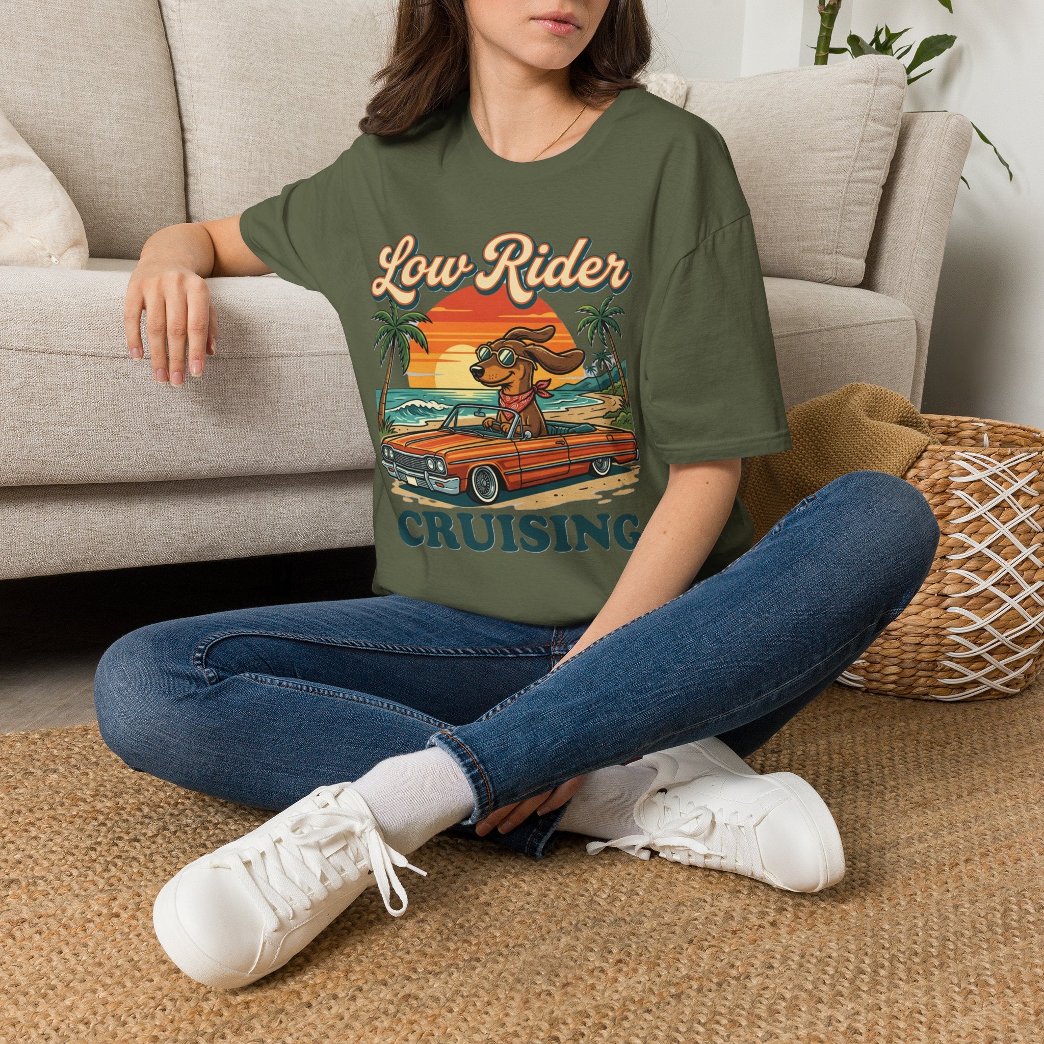 Low Rider Cruise Dog T-Shirt — Retro Palm Sunset Graphic Tee