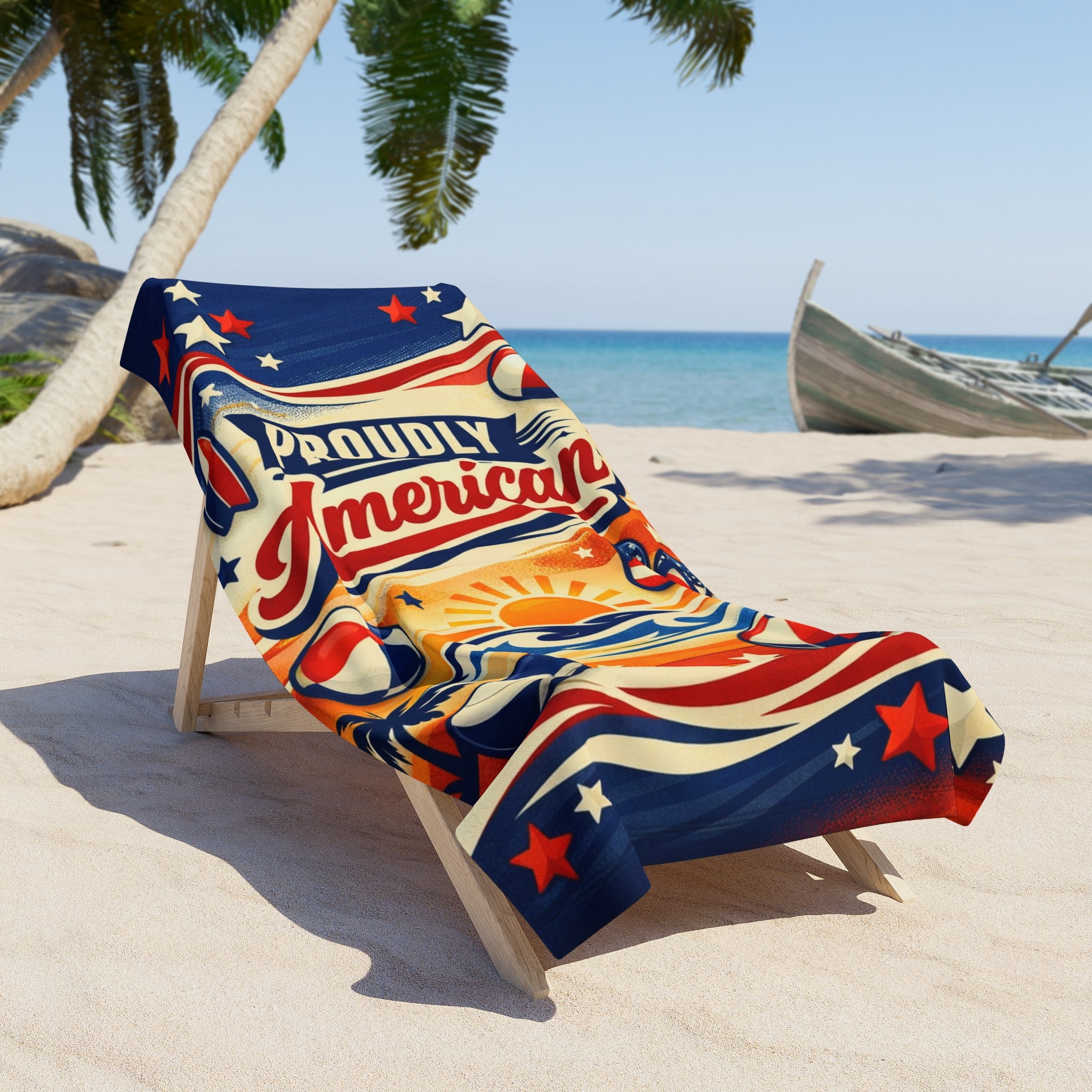 Proudly American Patriotic Beach Towel — 4th of July American Flag Design